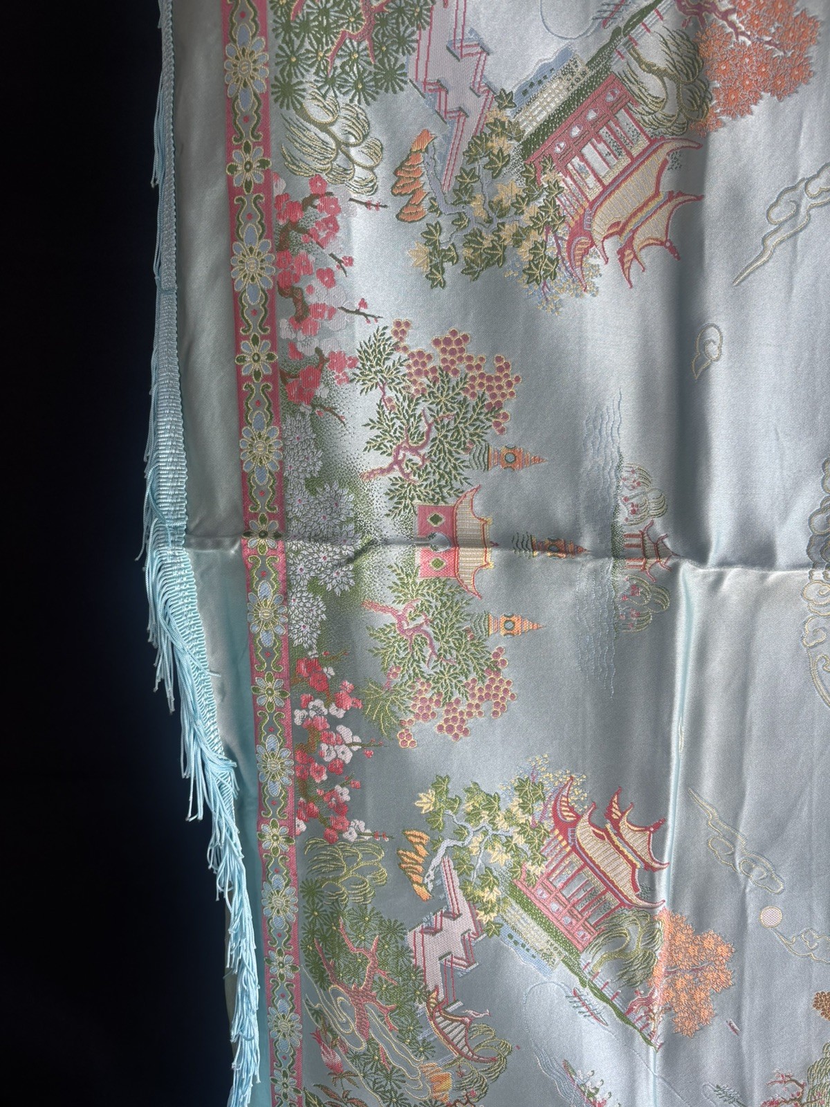 Vintage Silk Brocaded Flowers China Tapestry Table Cloth Box Bright Blue Fringe