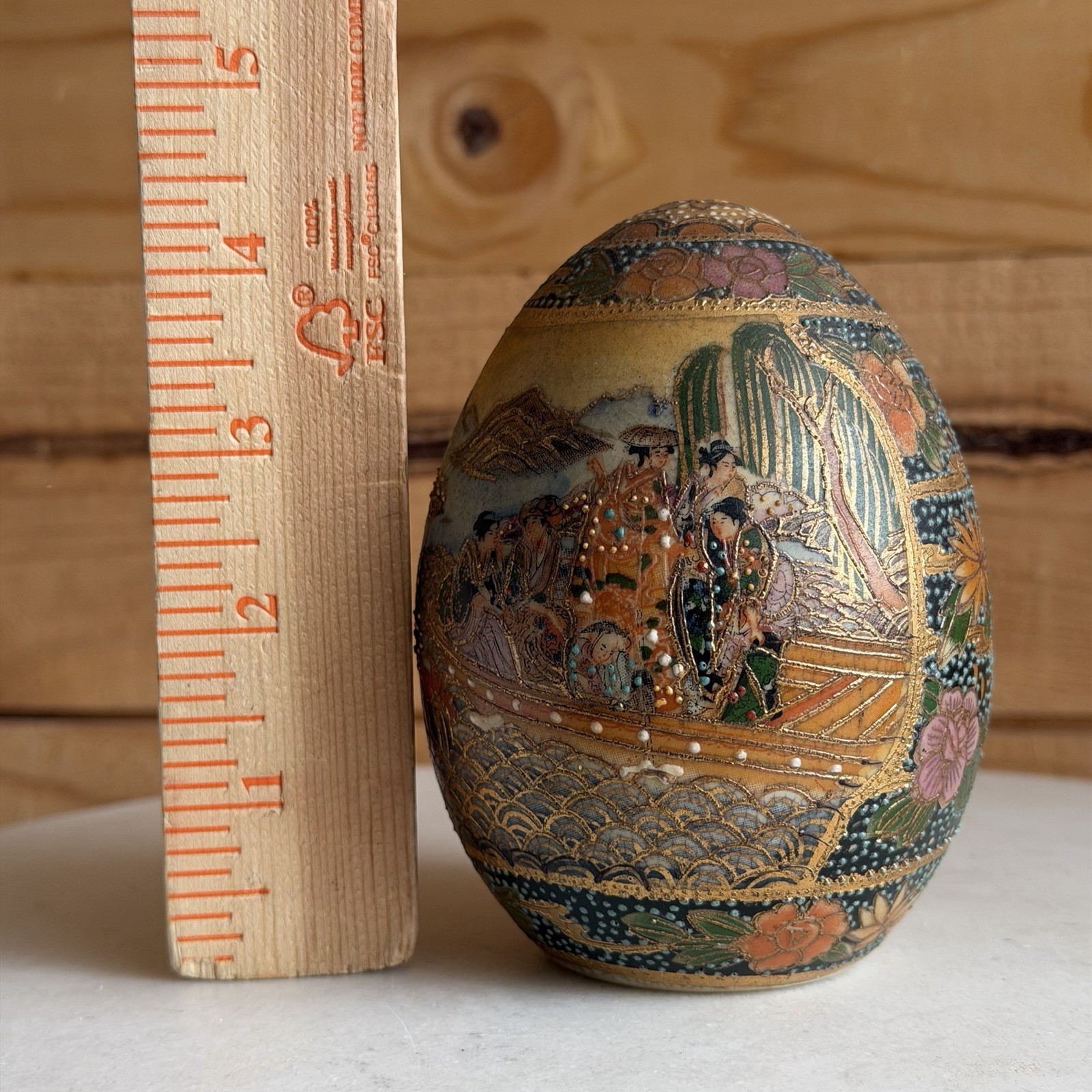 Vintage Hand Painted Satsuma Porcelain Egg Geisha Girl Flowers Boat Motif 4.5 in