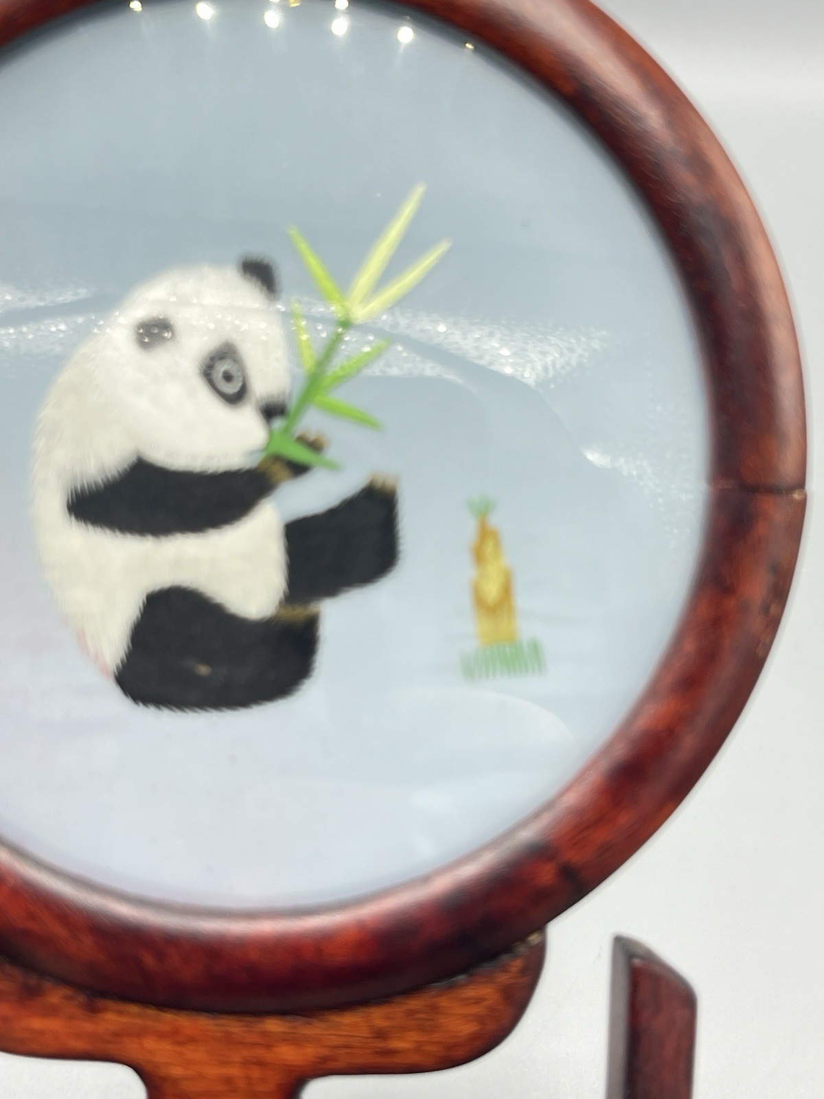ASIAN Chinese Panda Double Sided Silk Embroidery Wooden Screen – Read