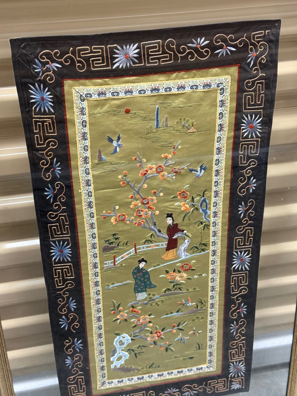 Vintage 1960s Set of 2 Chinese Silk Hand Embroidered Tapestry in Frame-Dun Huang