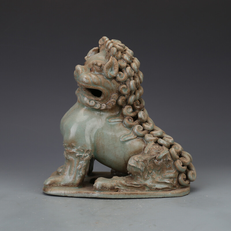 8.2″ Collect China Lavender Grey Glaze Porcelain Foo Fu Dog Guardion Lion Statue