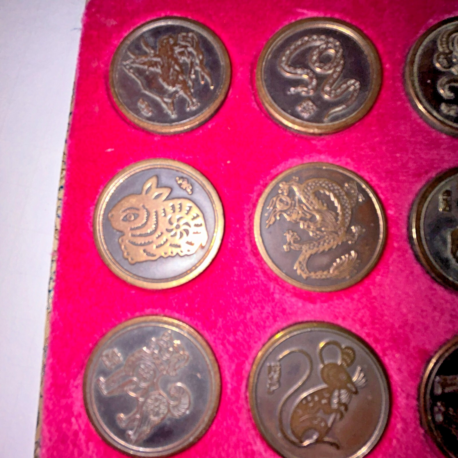 Chinese Zodiac Metal Coins Collection Antique Brass Historical, Silk Box