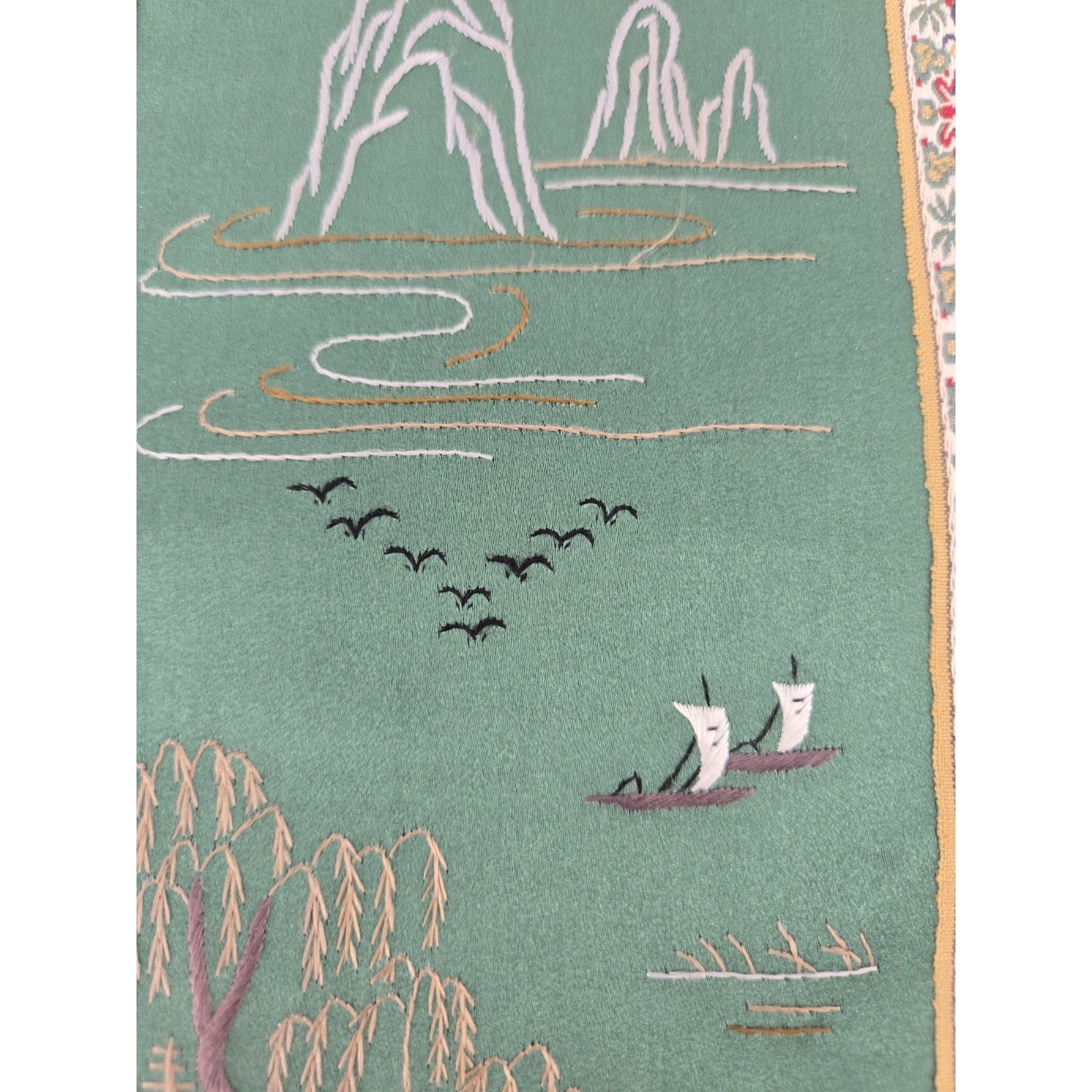 Vintage Chinese Hand Embroidered Silk Pagoda Tapestry Decorative Fabric Panel