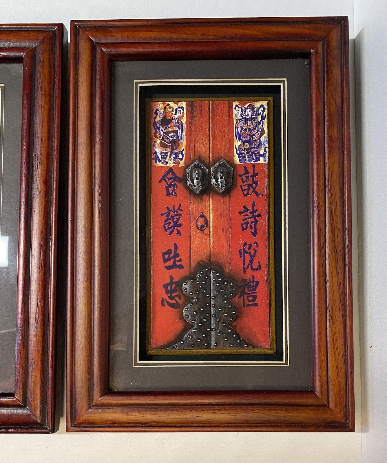 Set Of 2 Vintage Chinese Door Art Diorama 3 D Wood Framed Reds, Purples 8 X 12