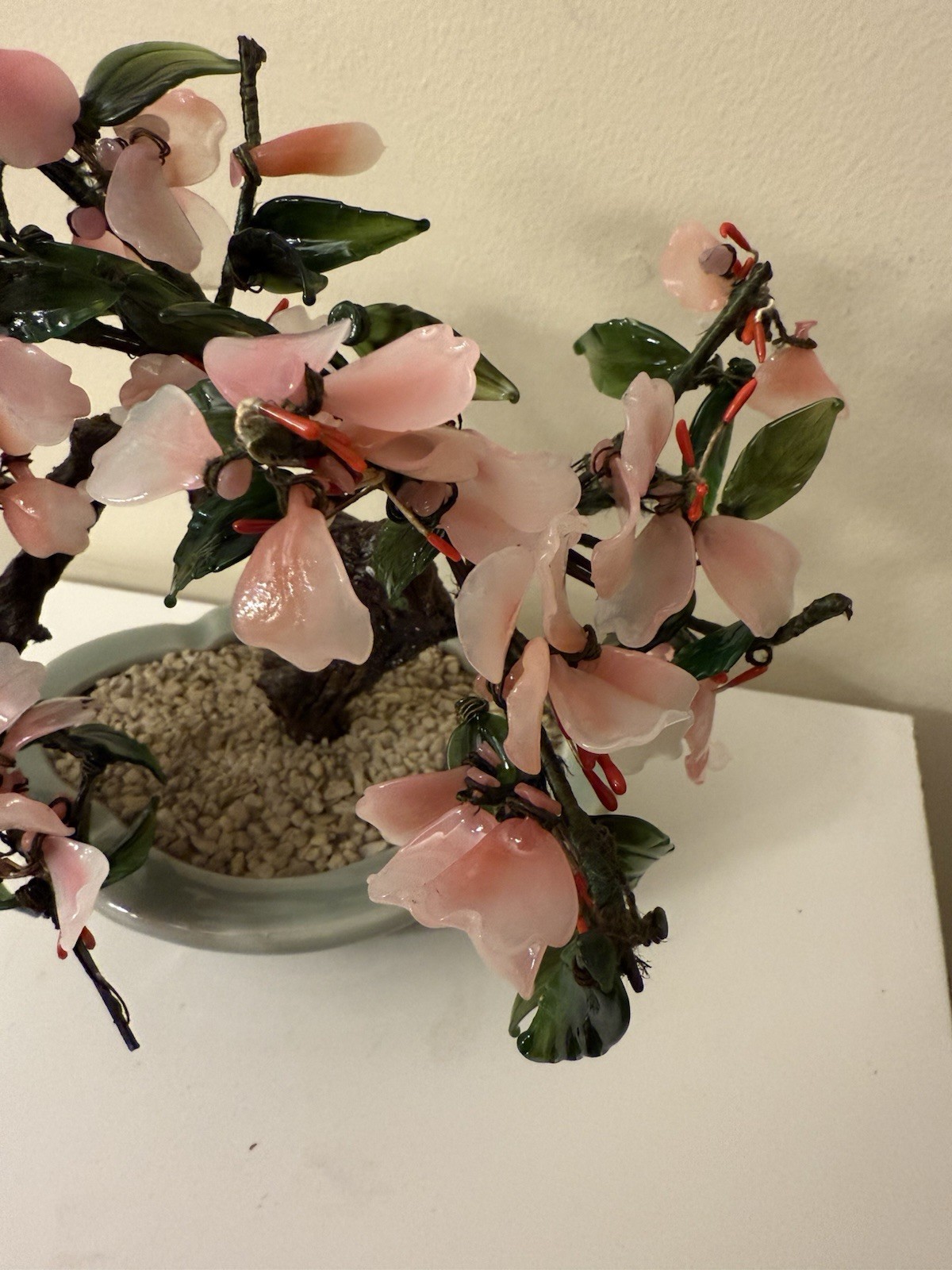 Vtg Asian Jade Glass Flowering Pink Cherry Blossom Bonsai Tree Ceramic Pot 8×9”