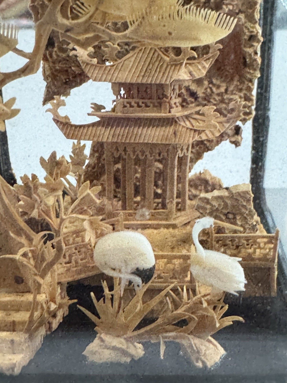 Vtg Miniature Chinese Carved Cork Diorama Art Glass Shadow Box Cranes Pagoda 3D