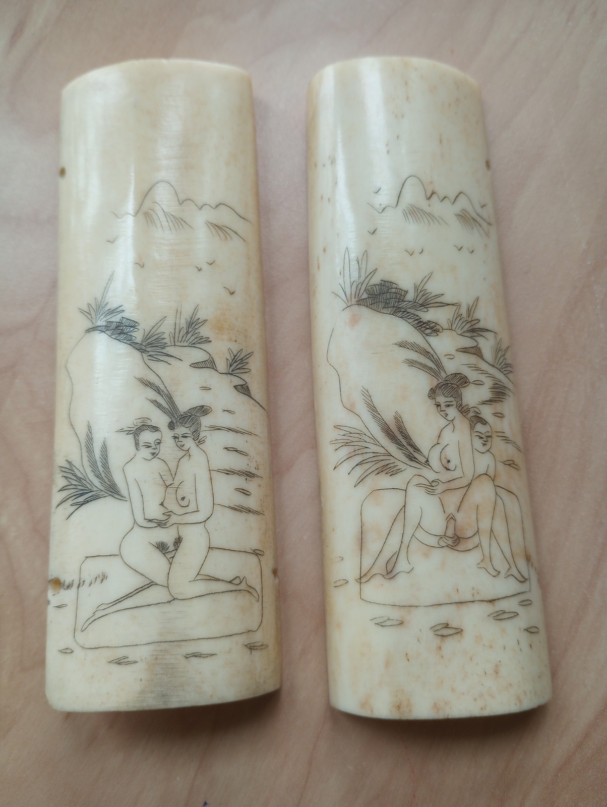 Two Antique Chinese Scrimshaw Shunga Panels Etched Erotica On Bone