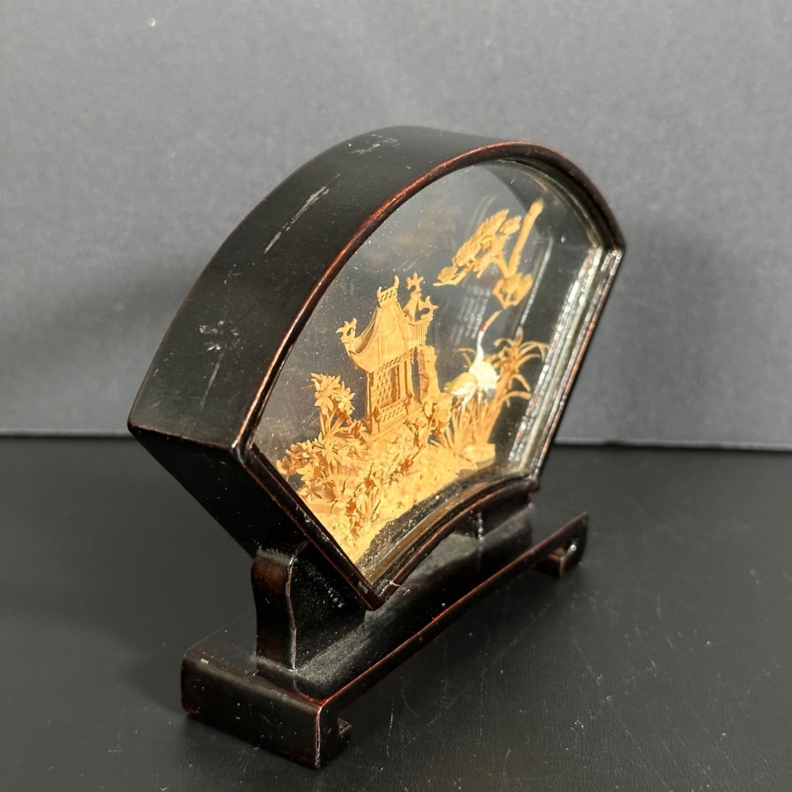 VTG Chinese Hand Carved 3D CORK ART DIORAMA San You Landscape Fan Shaped Frame