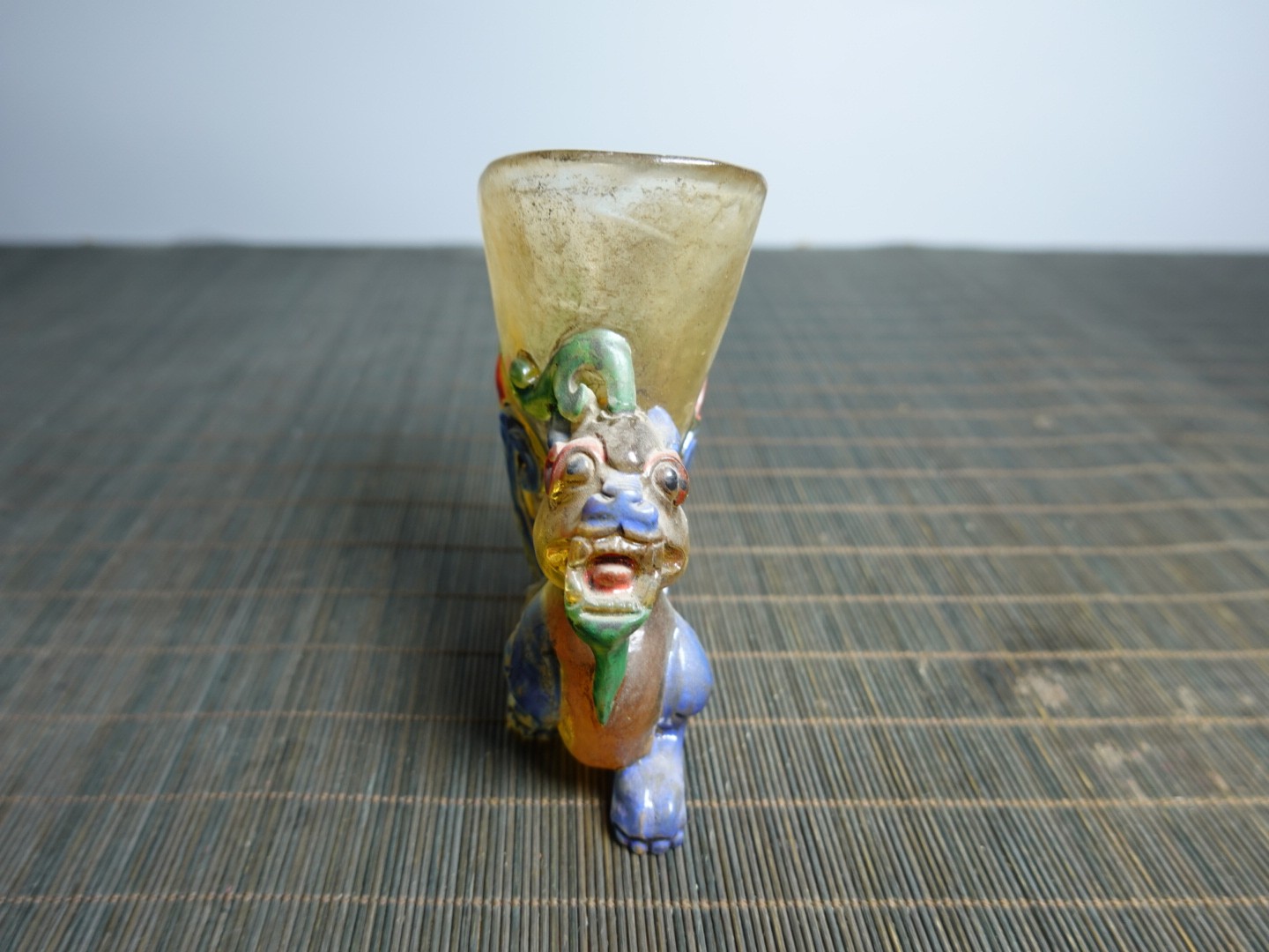 4.1″Collect Old China Coloured Glaze Painted Pixiu Beast Handle Three-legged Cup