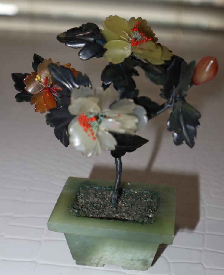 Hand Carved Miniature Jade Tree with Rose Quartz, Jade & Carnelian