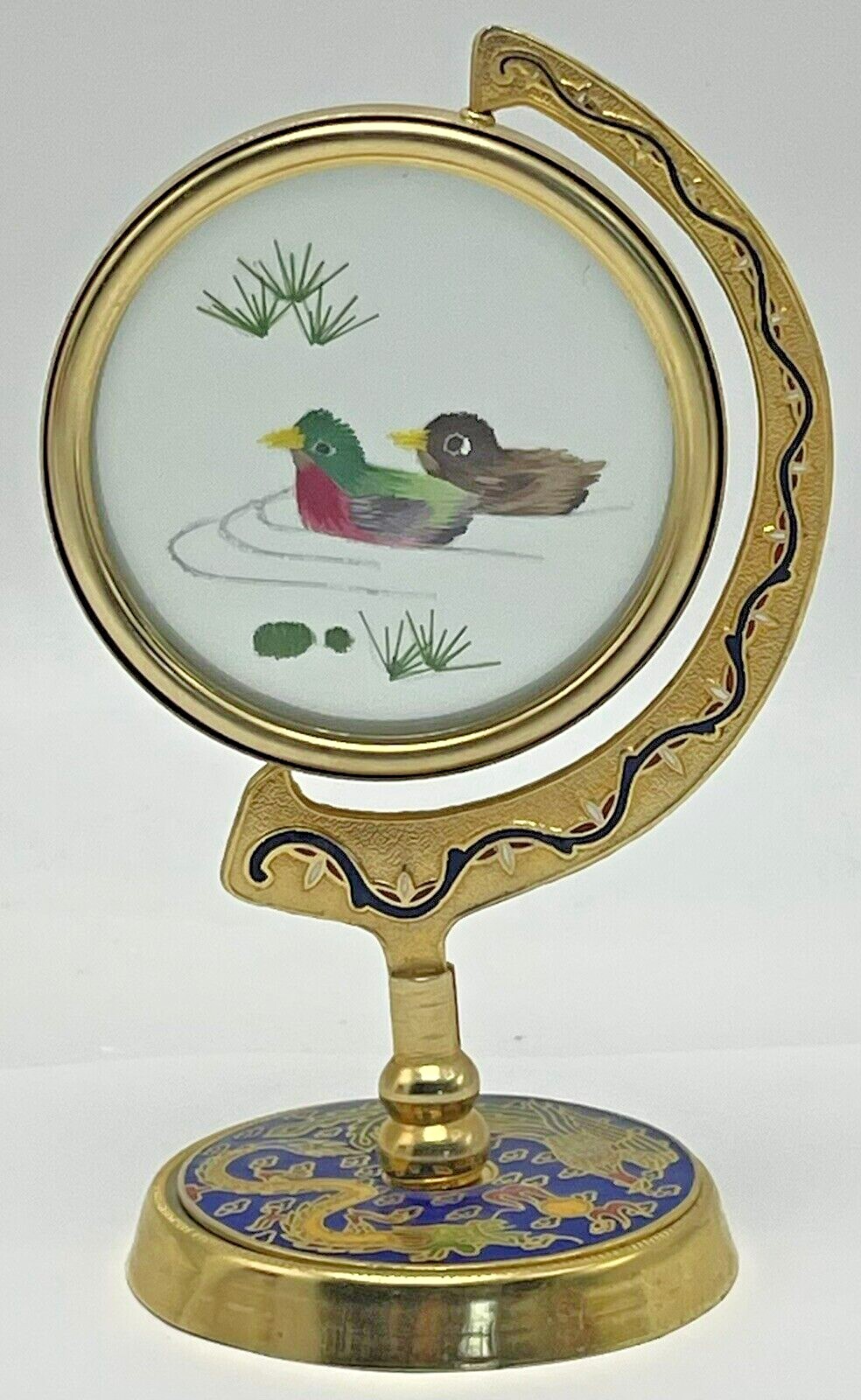 Asian Embroidered Silk Ducks in Brass Cloisonne Rotating Frame Painted Enamel