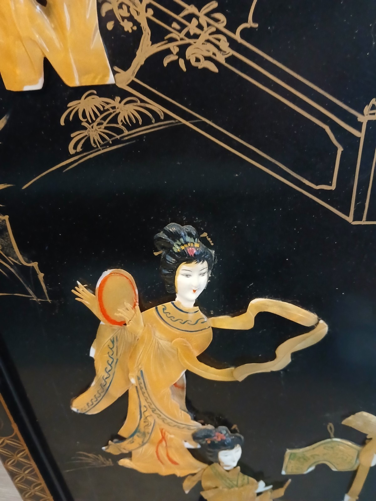 4 Vintage Asian Japanese Mother Pearl Black Lacquer Wall Panels 36″ x 12″