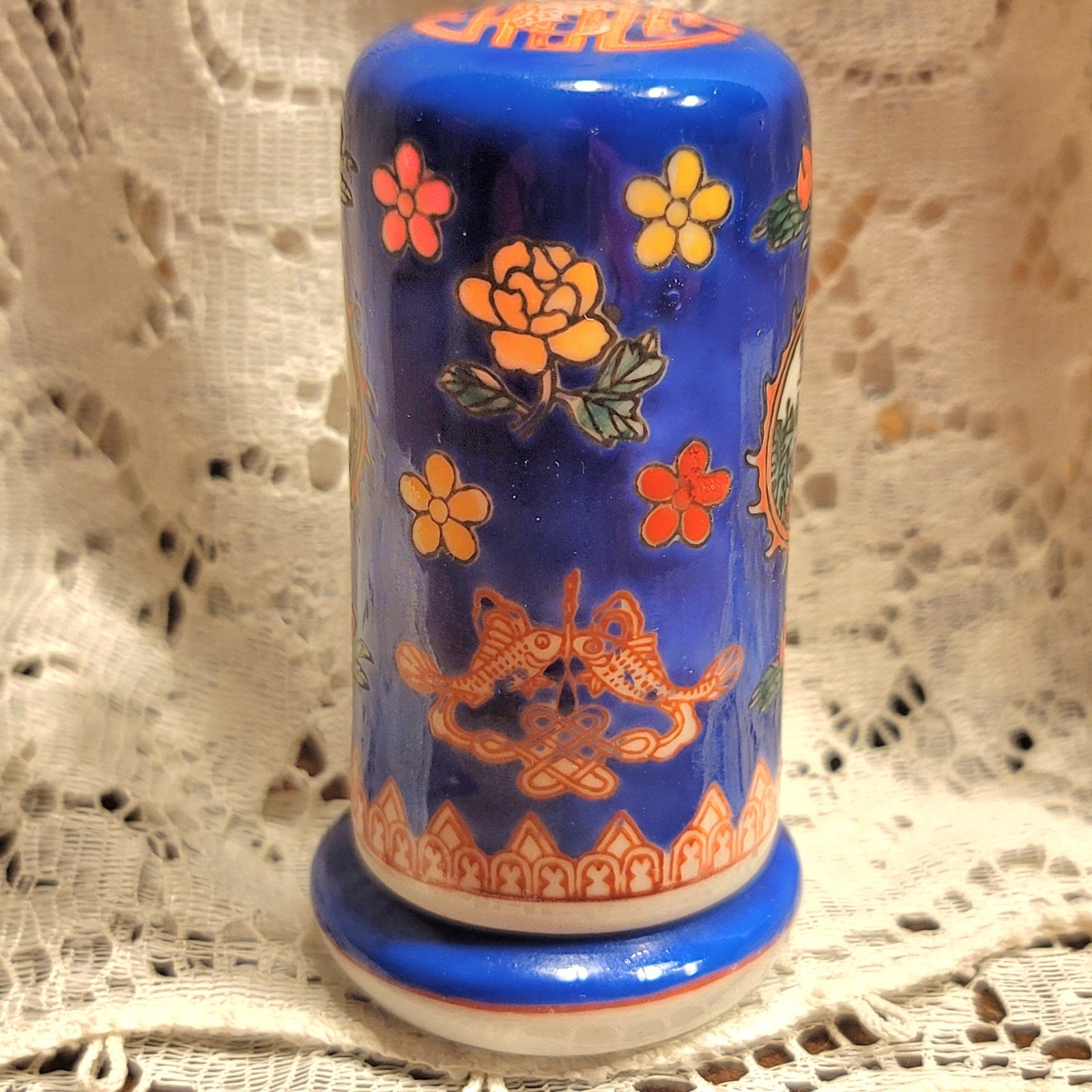 VTG Pretty Asian Porcelain 2-Piece Toothpick Holder Vessel Handpainted Signed