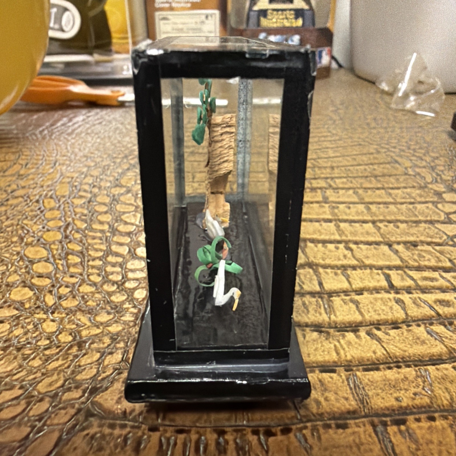 Vintage Asian Oriental Hand Carved Cork Art Shadow Box Diorama 3D Egret Pagoda