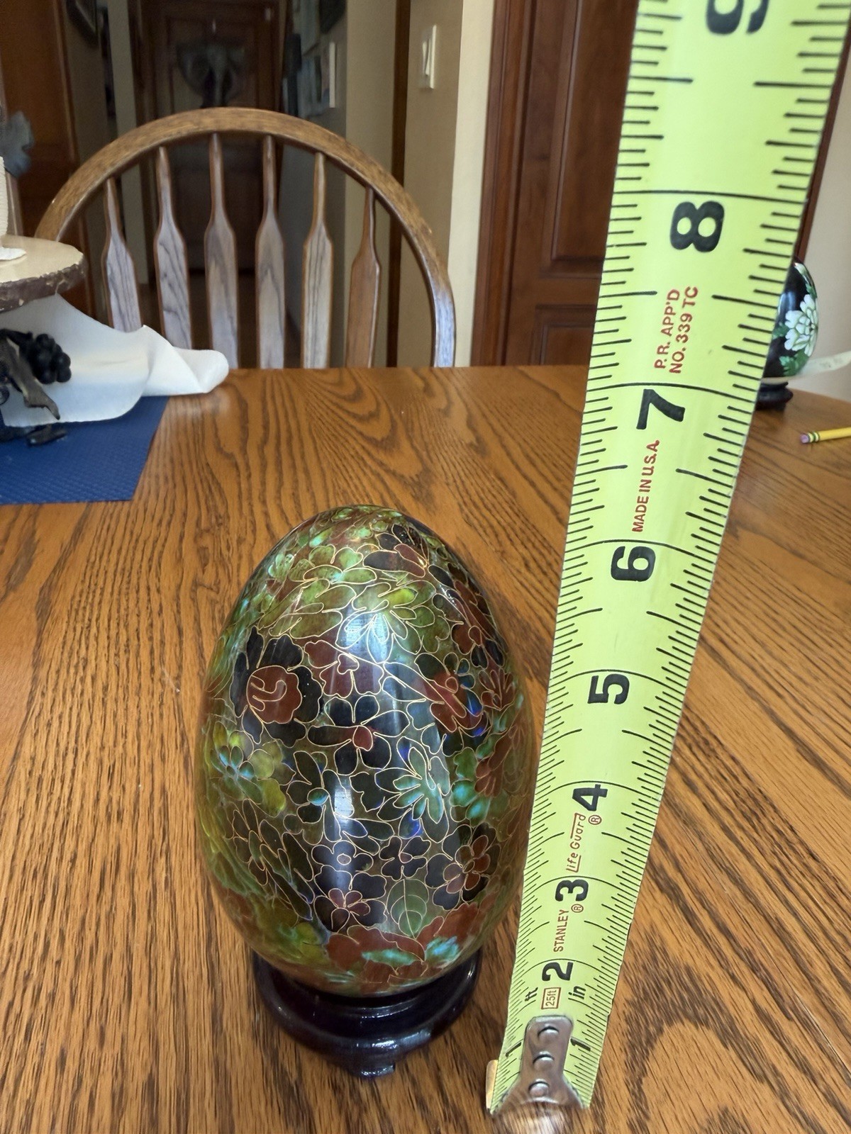 Vintage Chinese Cloisonne egg vibrant, multi-color floral pattern 6” w/stand