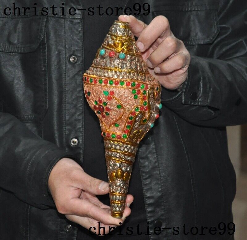 10″Tibet Buddhism bronze Gilt silver Filigree Inlay gem Conch Trumpet Horn Shell