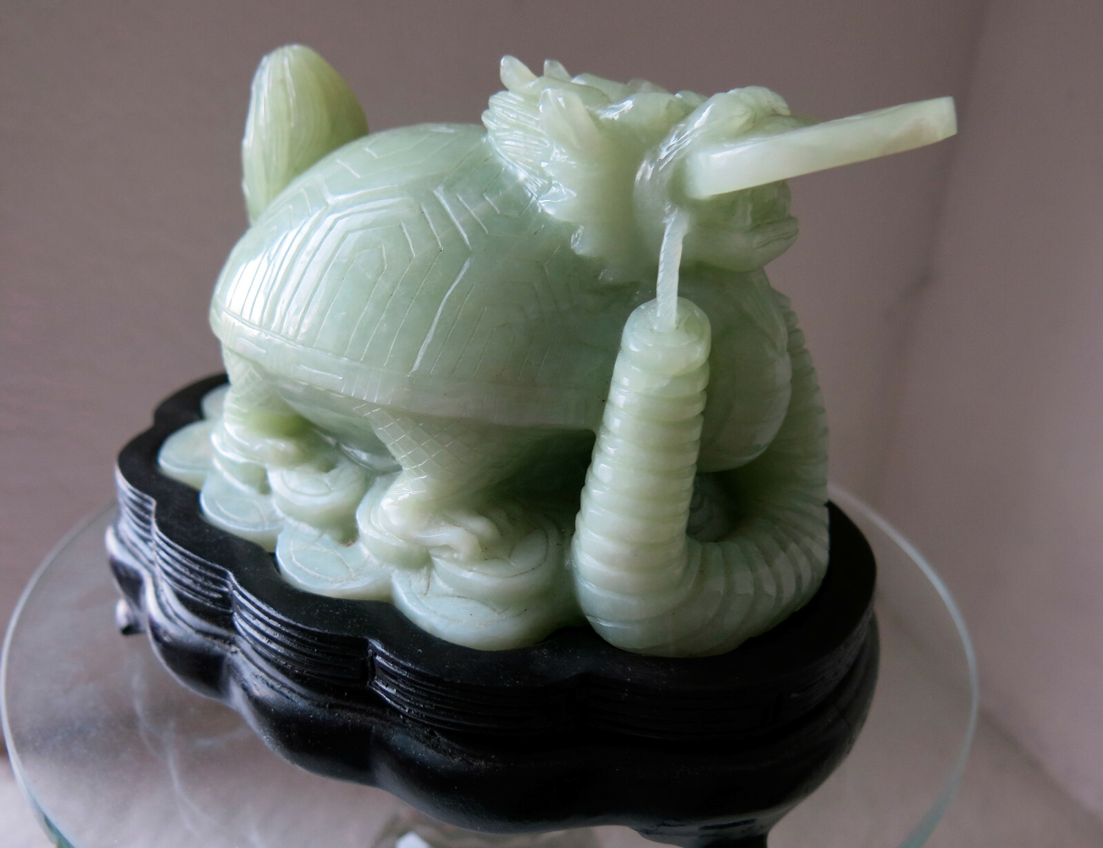 Asian Carved Jade Turtle – Many Symbols: Foo Dog Head, Coin in Mouth