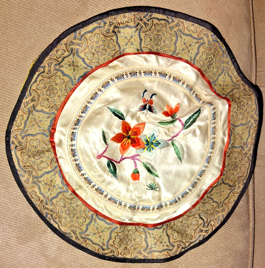 VINTAGE SILK SATIN EMBROIDERED DOILY BEIJING ESTATE 10 IN TAG ON BACK