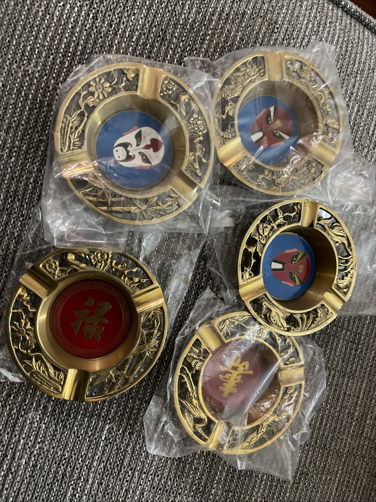 Set 5 Vintage Brass Ashtrays Chinese Opera Mask Designs Taiwan NOS Asian Decor
