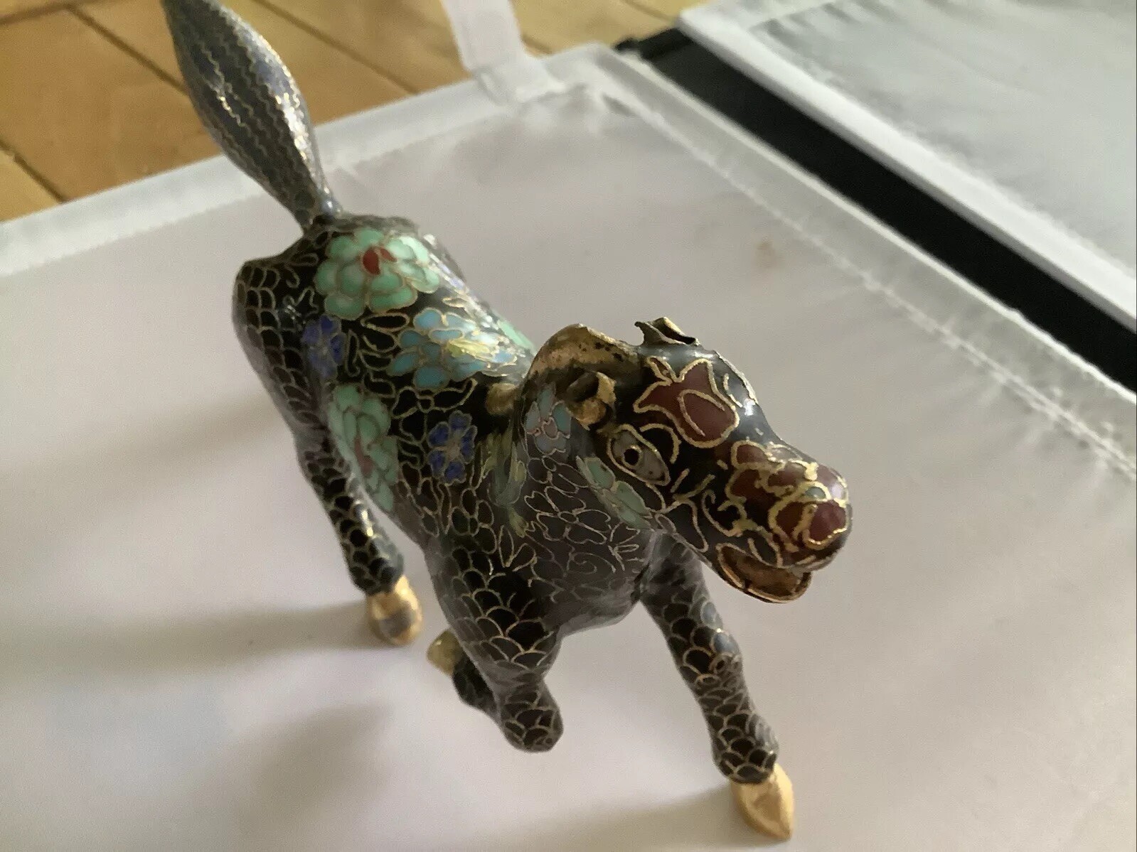 Chinese Cloisonné Small Horse Black w Blue & Green Flowers 6”
