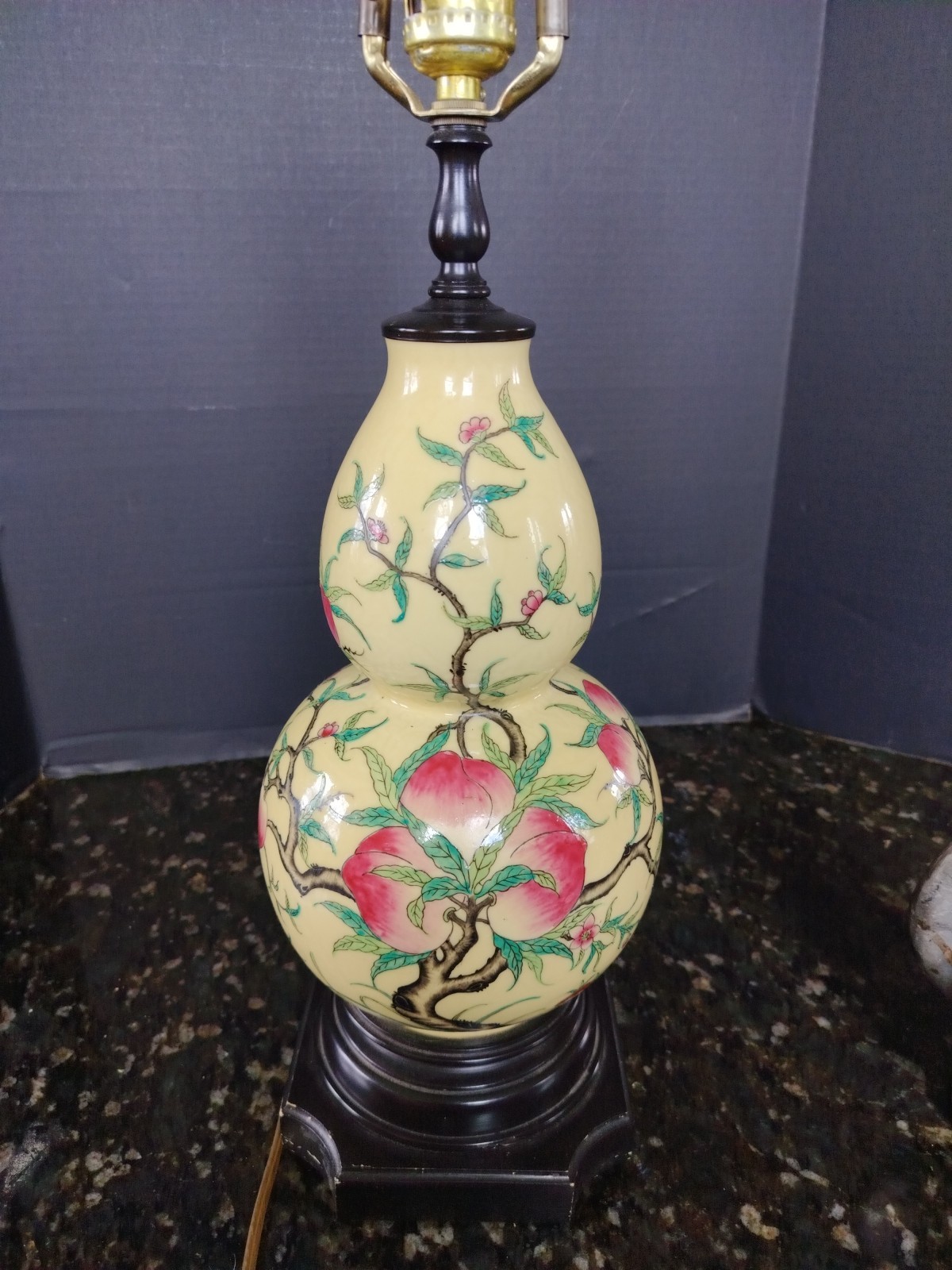 Vintage Chinese Yellow Gourd Vase Lamp – Butterflies & Flowers – Working 27″