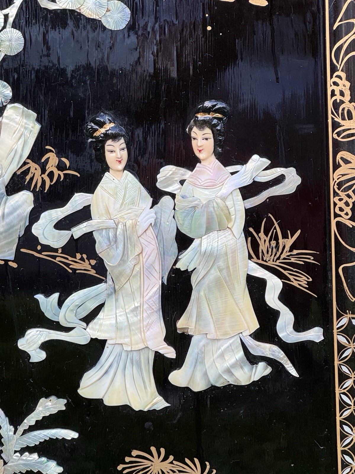 4 Vintage MCM Chinese Mother Of Pearl And Black Lacquer Panels 36 X 12