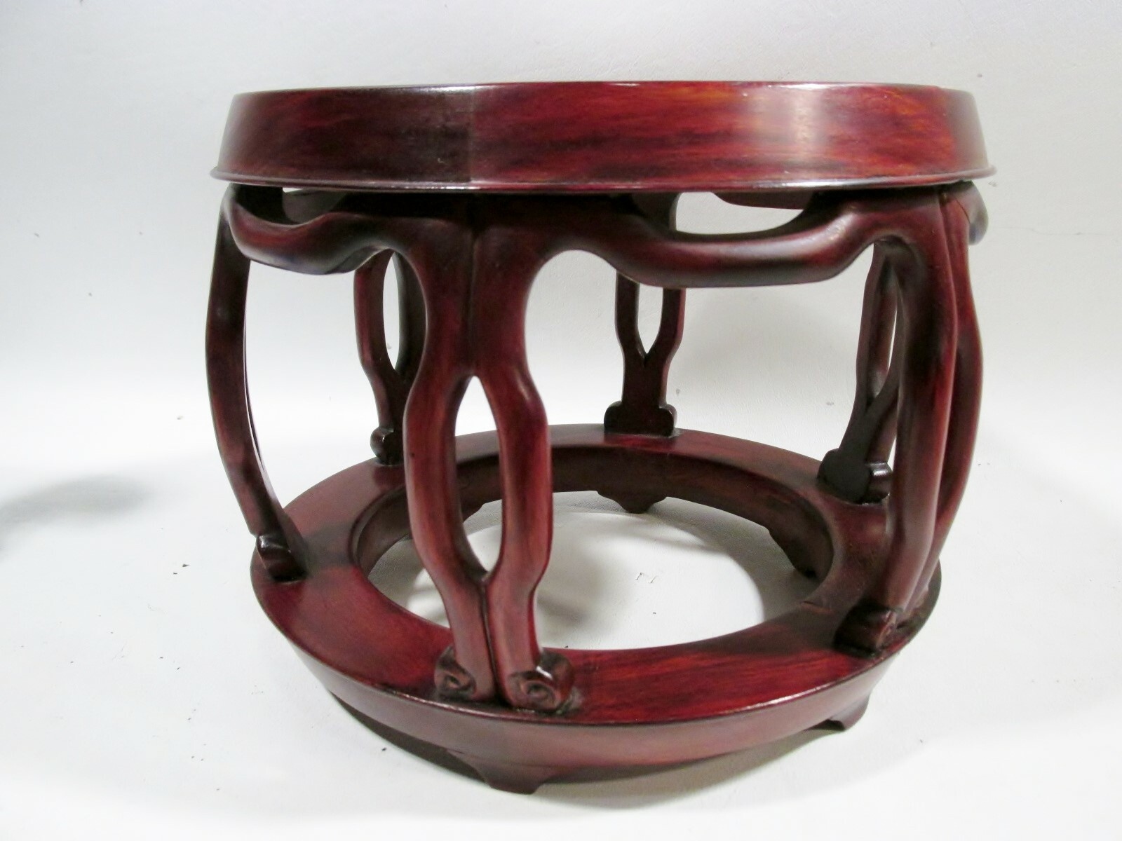 Old Chinese Carved Wood & Stone Small 8.5” Drum Table Stand Flower Vase