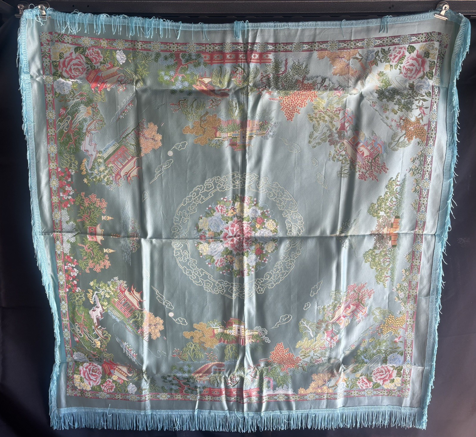 Vintage Silk Brocaded Flowers China Tapestry Table Cloth Box Bright Blue Fringe