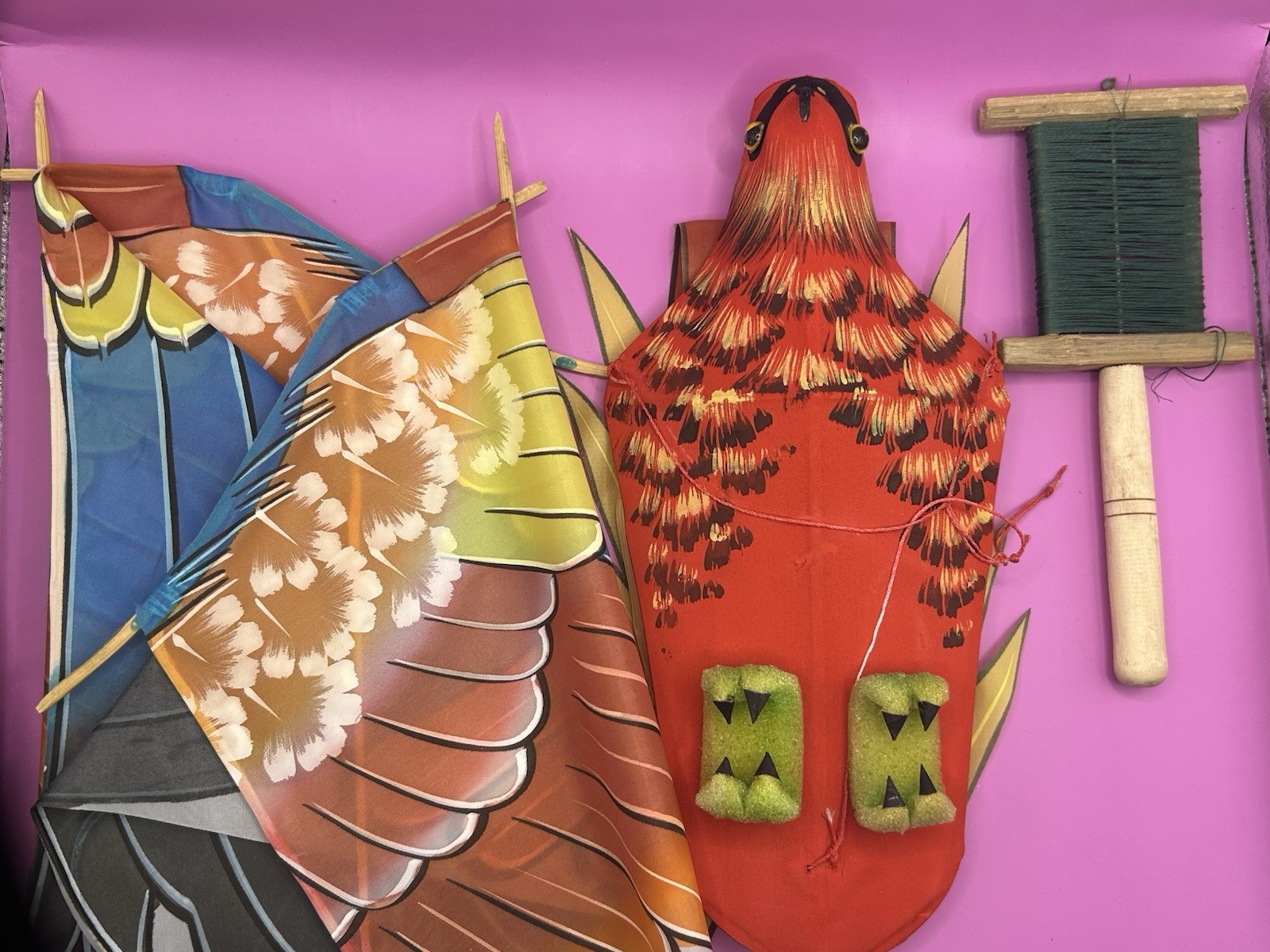 Vintage Chinese Silk & Bamboo Bird of Prey Kite with Box 36″ wingspan Rare Red