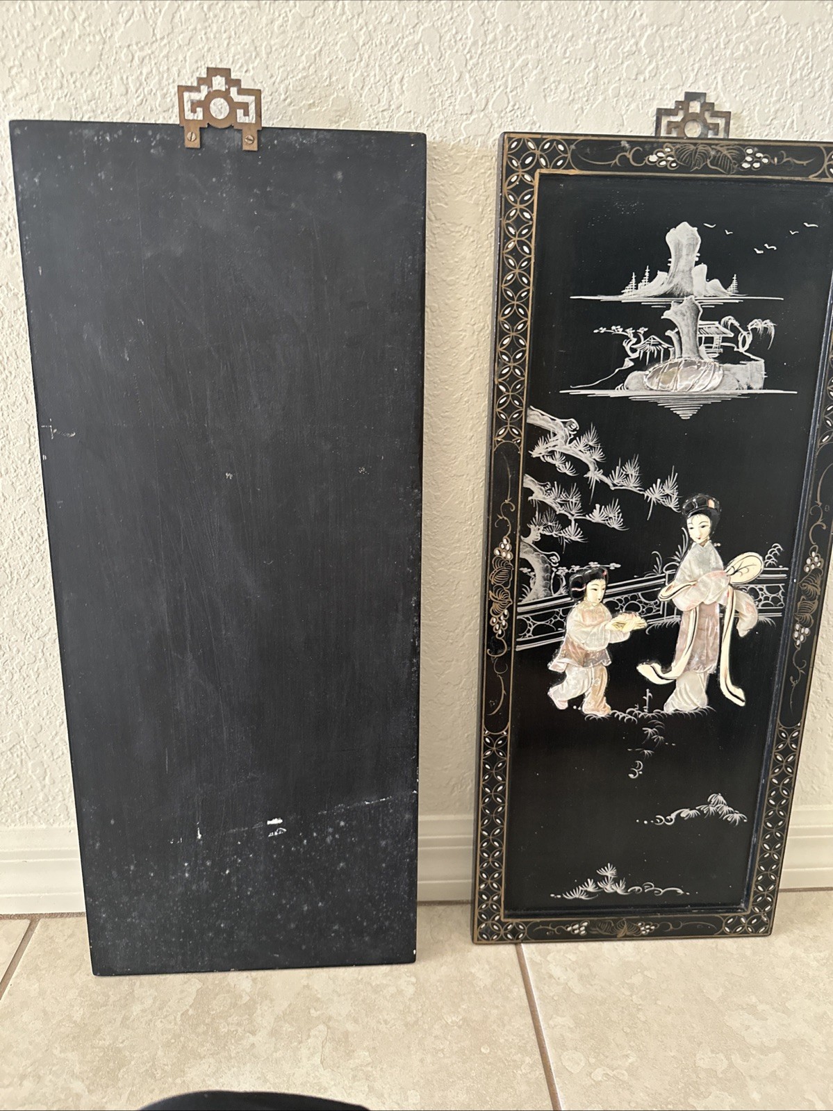 2 Vintage Asian Black Lacquer Panels With Mother Of Pearl 2 Ft by 10 In