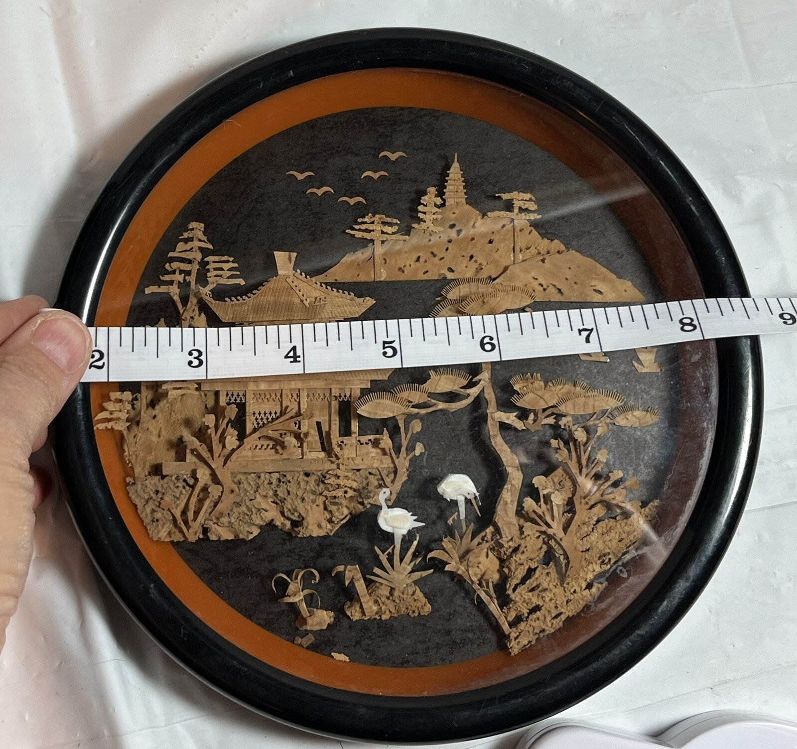 Decorative Plate Made From Cork Wood. VTG Cork Panel Depicting Pagodas Cranes
