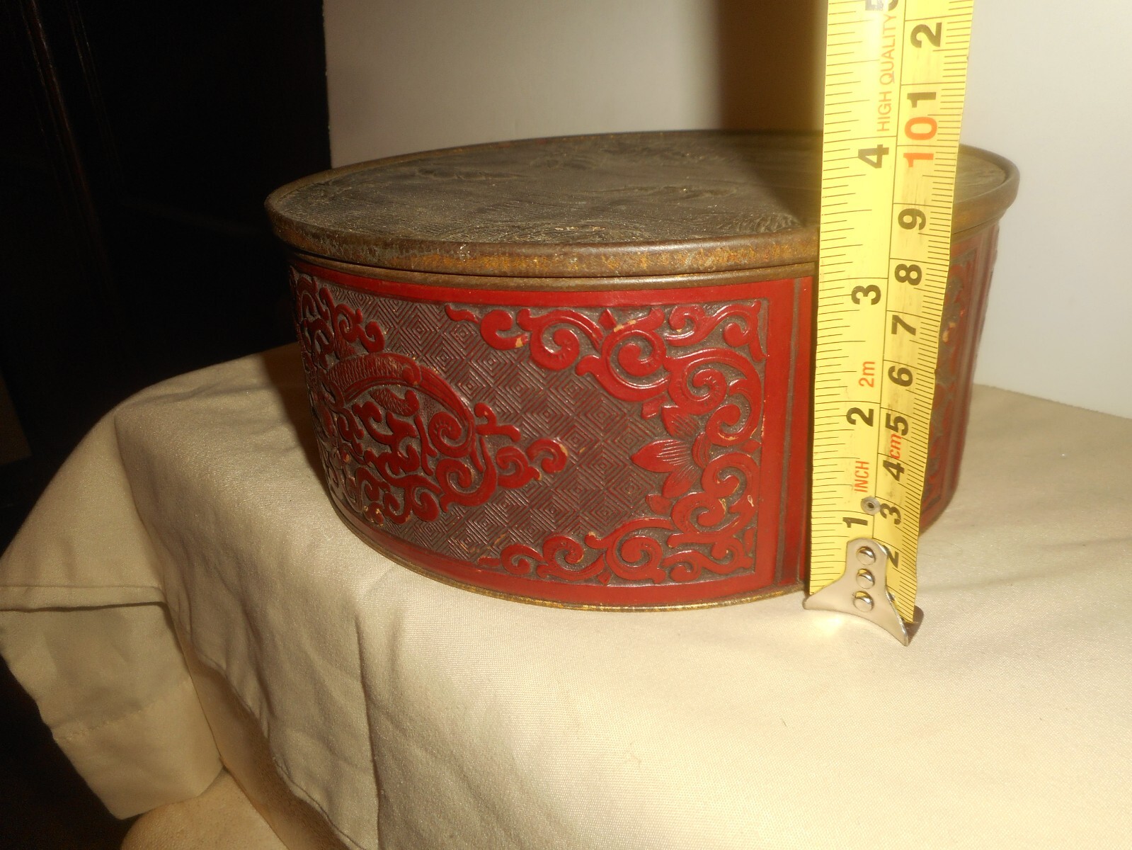 Vintage CHINESE DRAGON Silver Metal Repousse Tin Box Top Cinnabar Style Wrapper