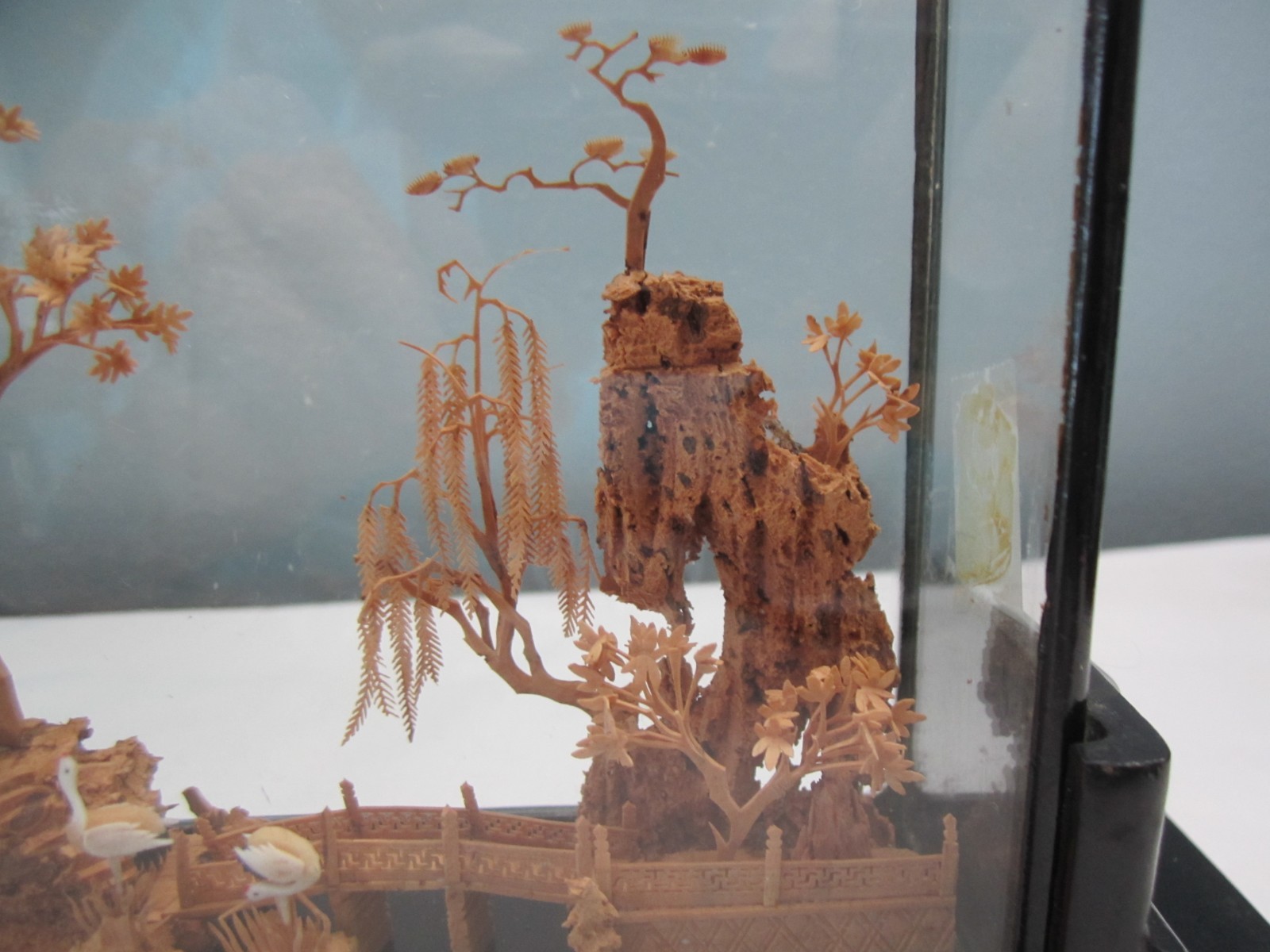 Vintage Hand-Carved Chinese Cork & Wood Diorama Encased In Glass & Wood Stand