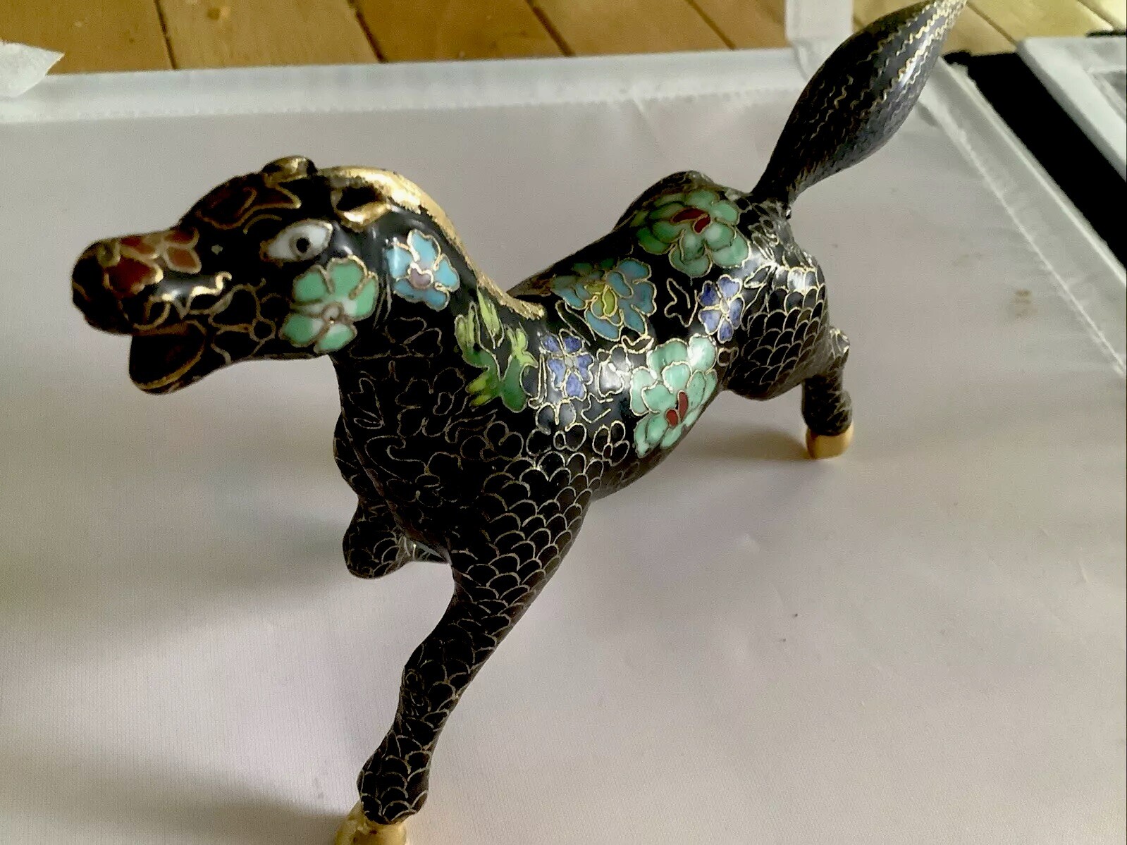 Chinese Cloisonné Small Horse Black w Blue & Green Flowers 6”