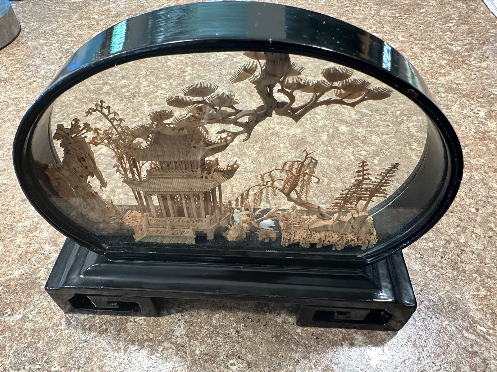 VINTAGE CHINESE DIORAMA CORK CARVING GLASS CASE PAGODA TREES & CRANES