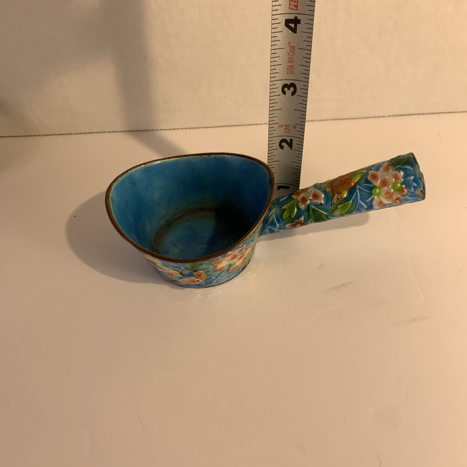 Antique Chinese Cloisonné Silk Iron Turquoise Bird Floral Dipper Scoop Qing Dyn