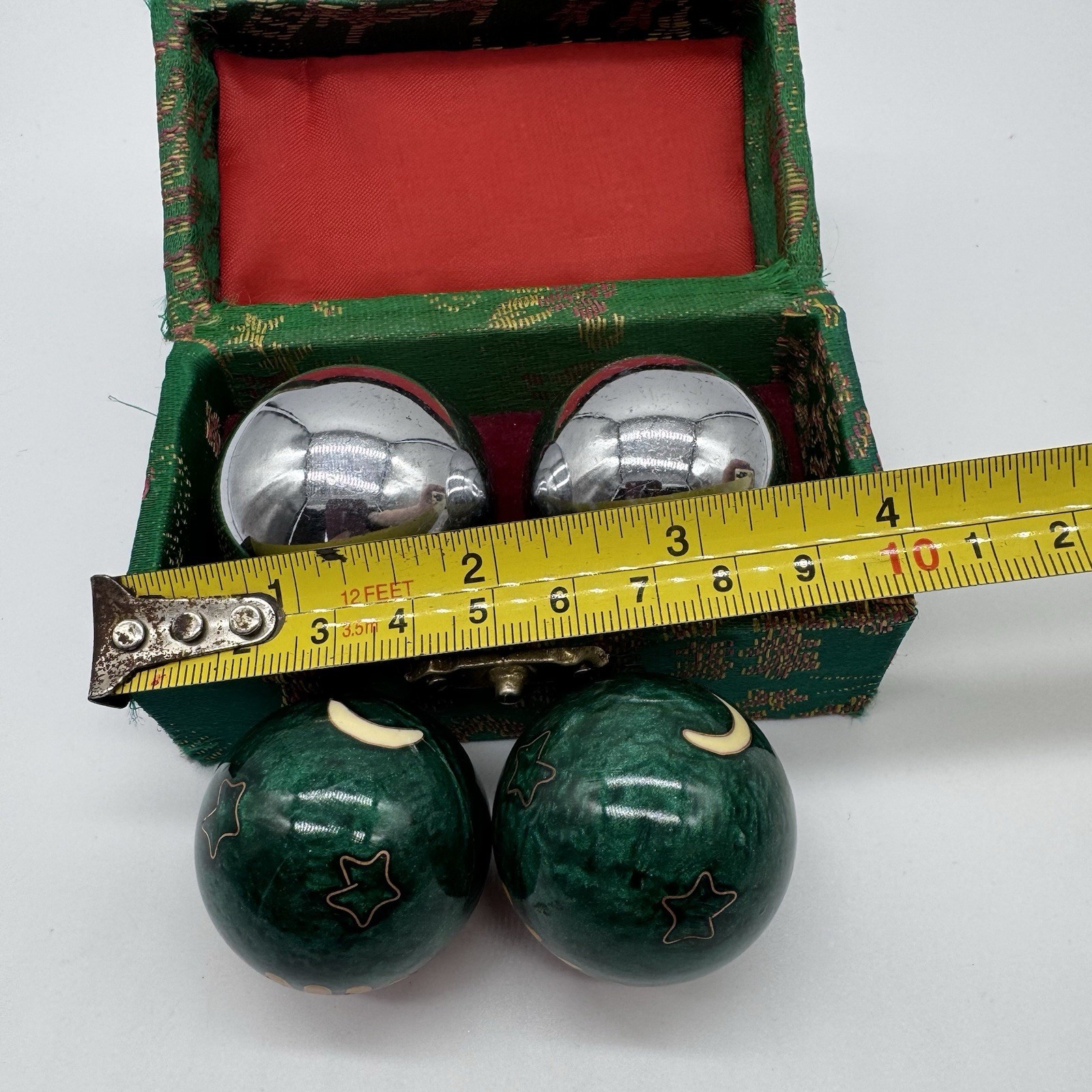 Vintage Chinese Baoding Balls Set Cloisonne Sun Moon Chrome w Case