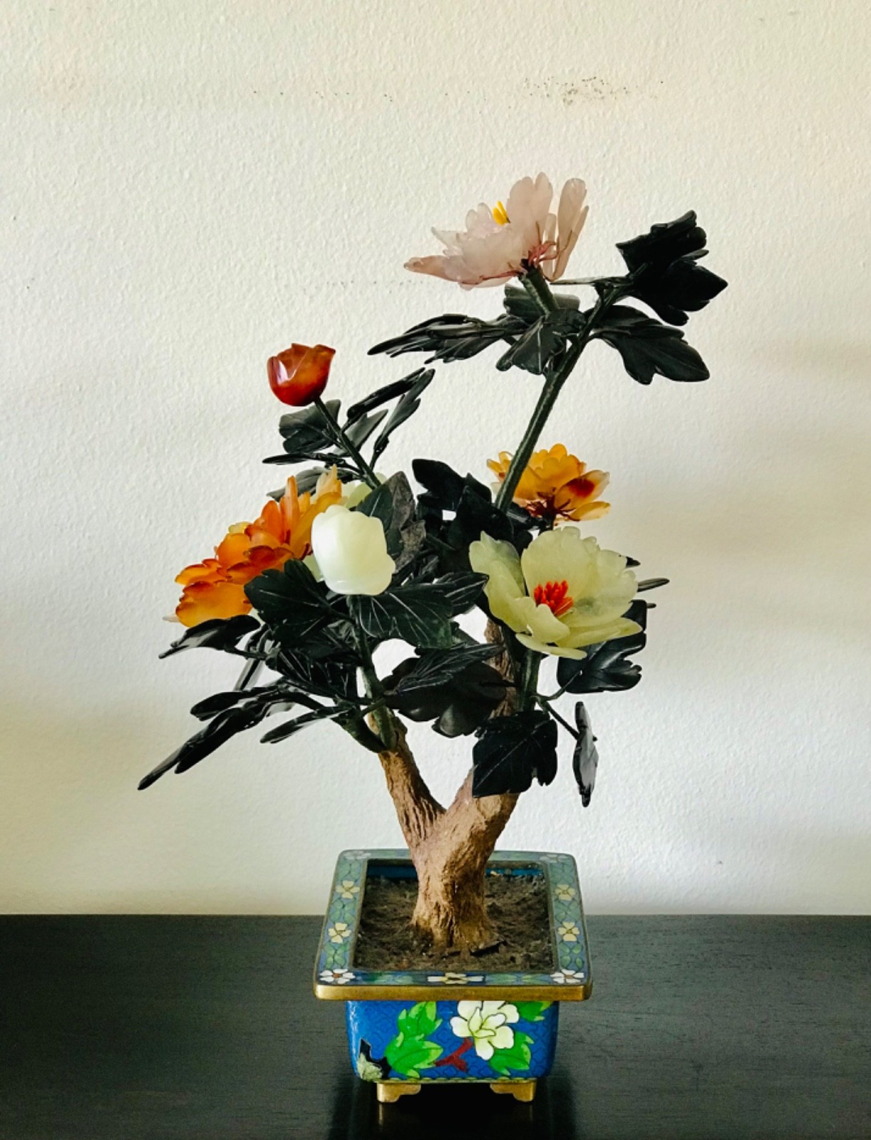 Chinese Vintage Jade Flower Tree in Cloisonne Pot 14″ Inches Tall