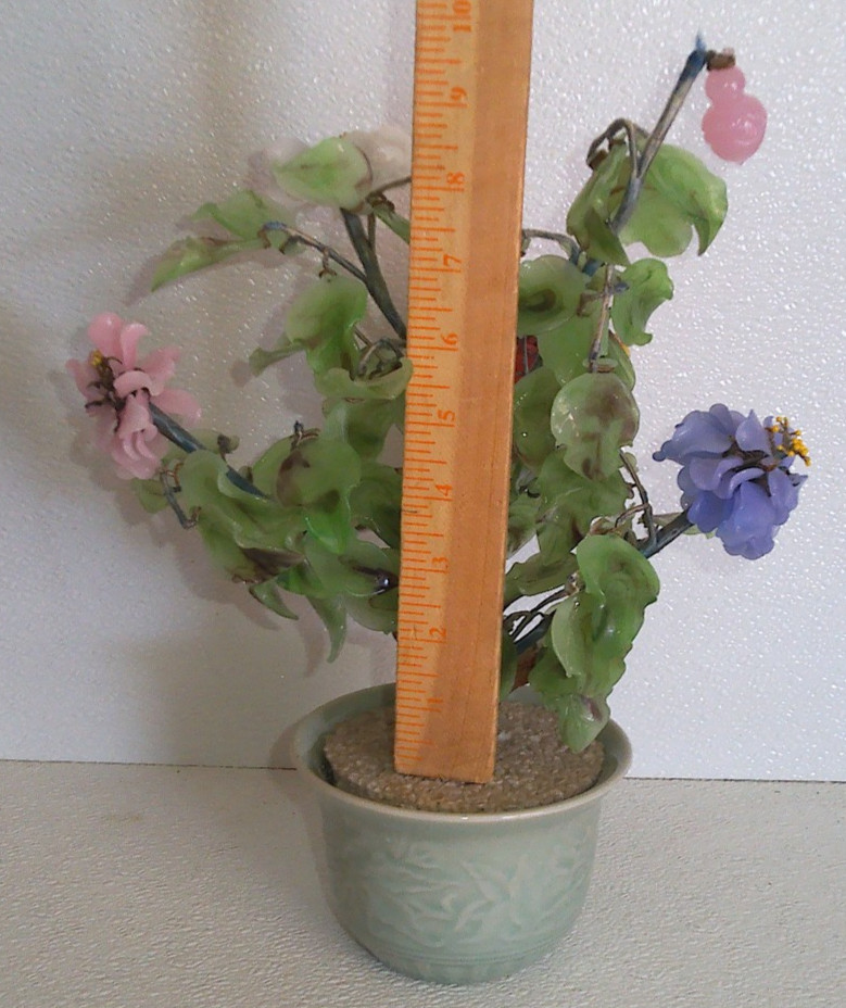 Vintage Chinese Jade Glass Flower Arrangement in Celadon Pot Multicolor Blossoms