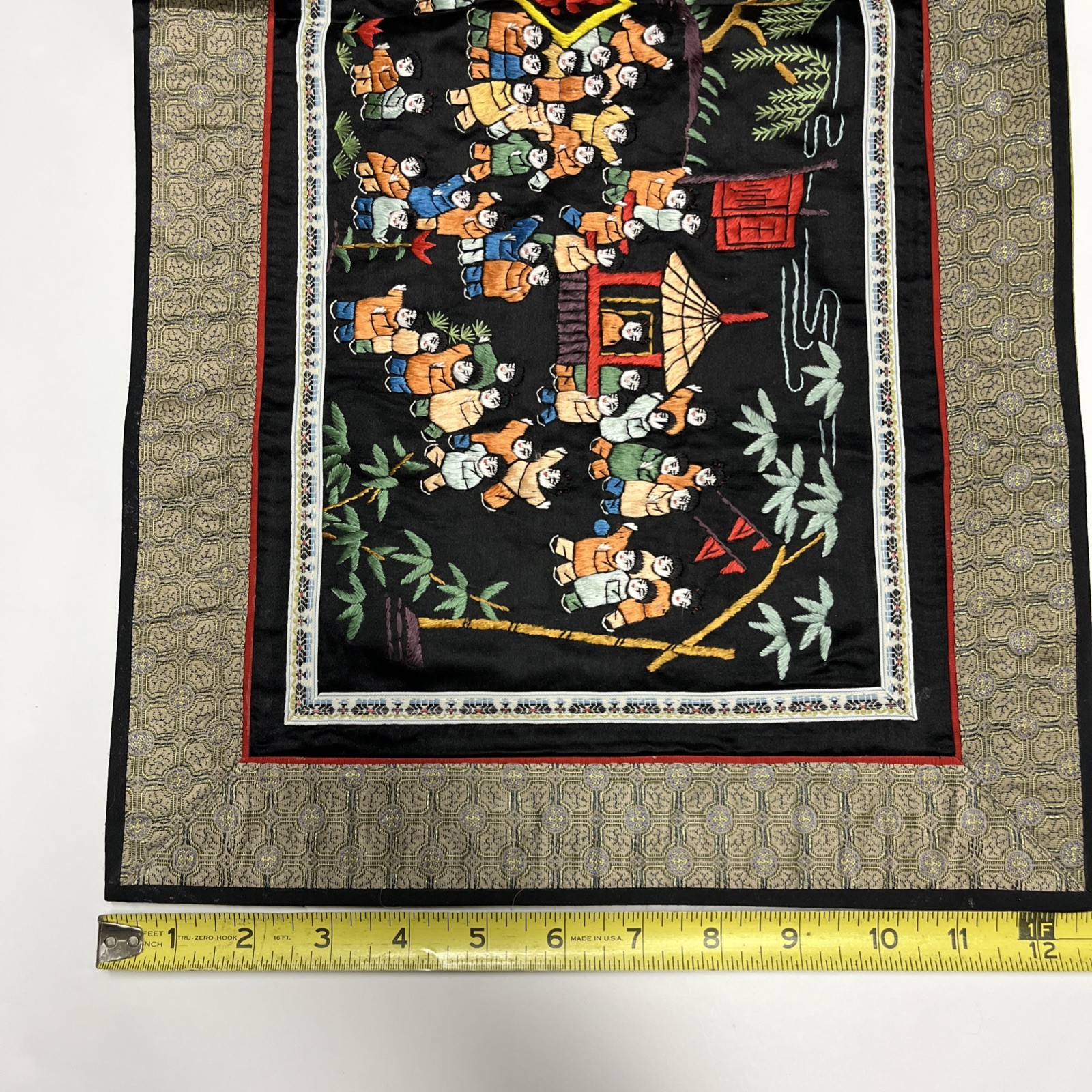 Vintage Chinese Hand Embroidered Black Silk Panel 100 Happy Children Playing EUC