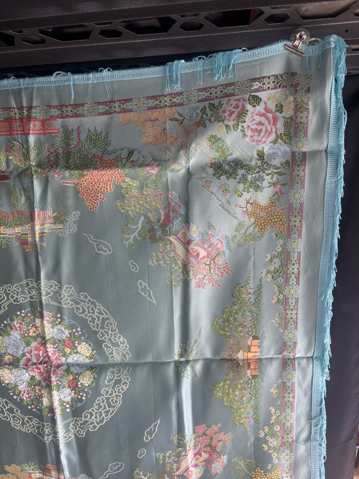 Vintage Silk Brocaded Flowers China Tapestry Table Cloth Box Bright Blue Fringe