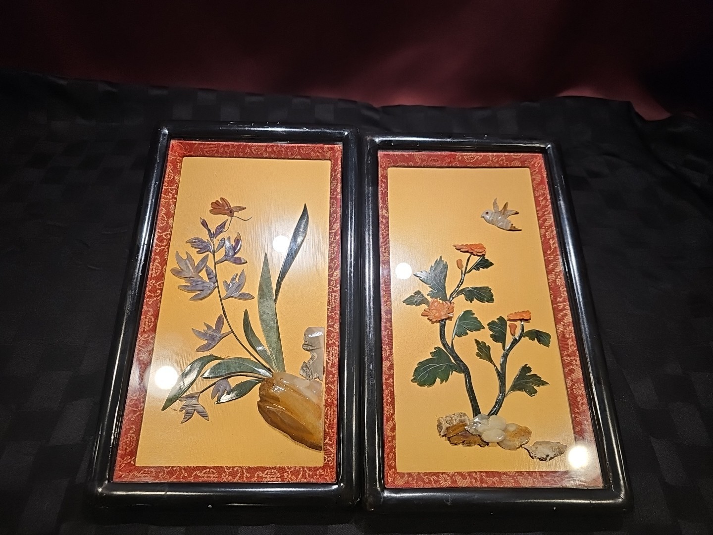 Vintage Chinese Pair of Jade Floral Plaques Wall Hanging Butterfly And Bird