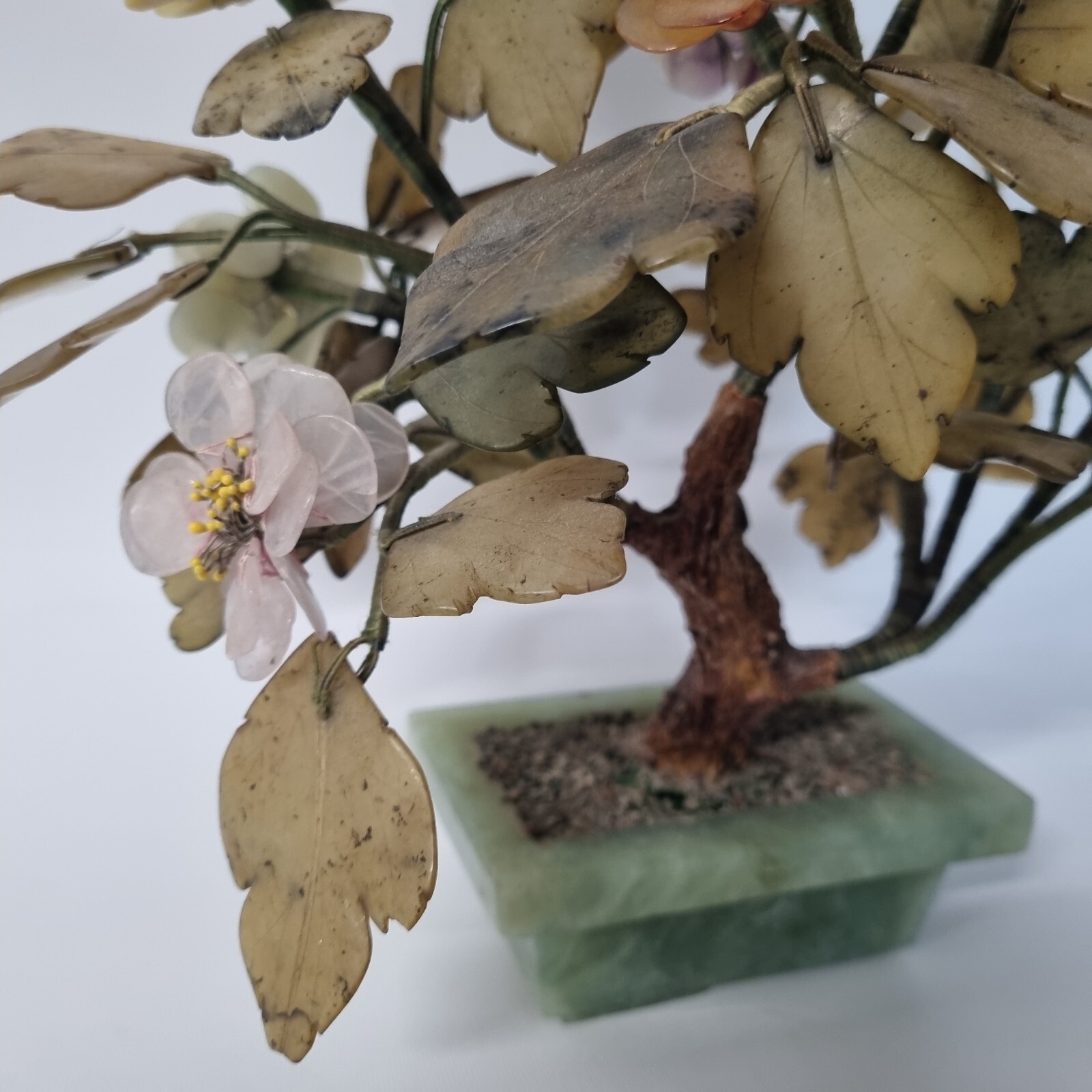 VINTAGE MCM CARVED JADE AGATE BONSAI FLOWER ASIAN ART TREE 11″ TALL