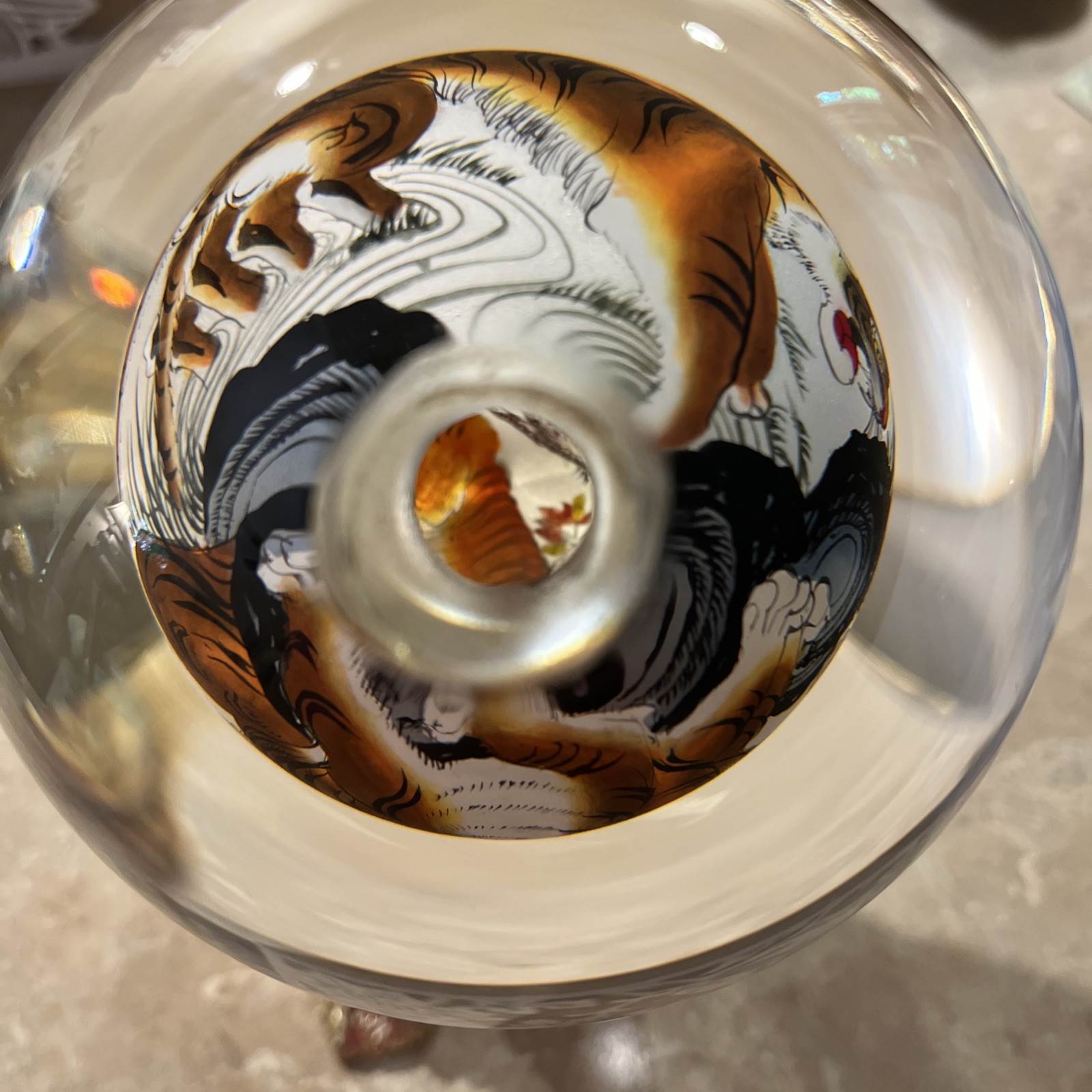 Chinese Glass Globe Five Tigers Inside Painted Reverse Art Lg 4.5in On Gold Base