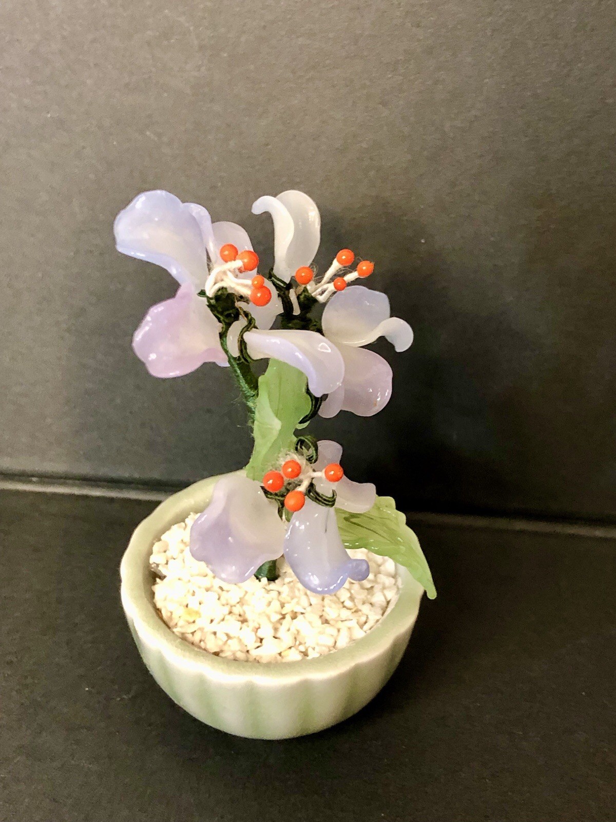 Vtg Mini Jade Glass Lavender Flower Tree Bonsai Green Celadon Planter Ornate 3”