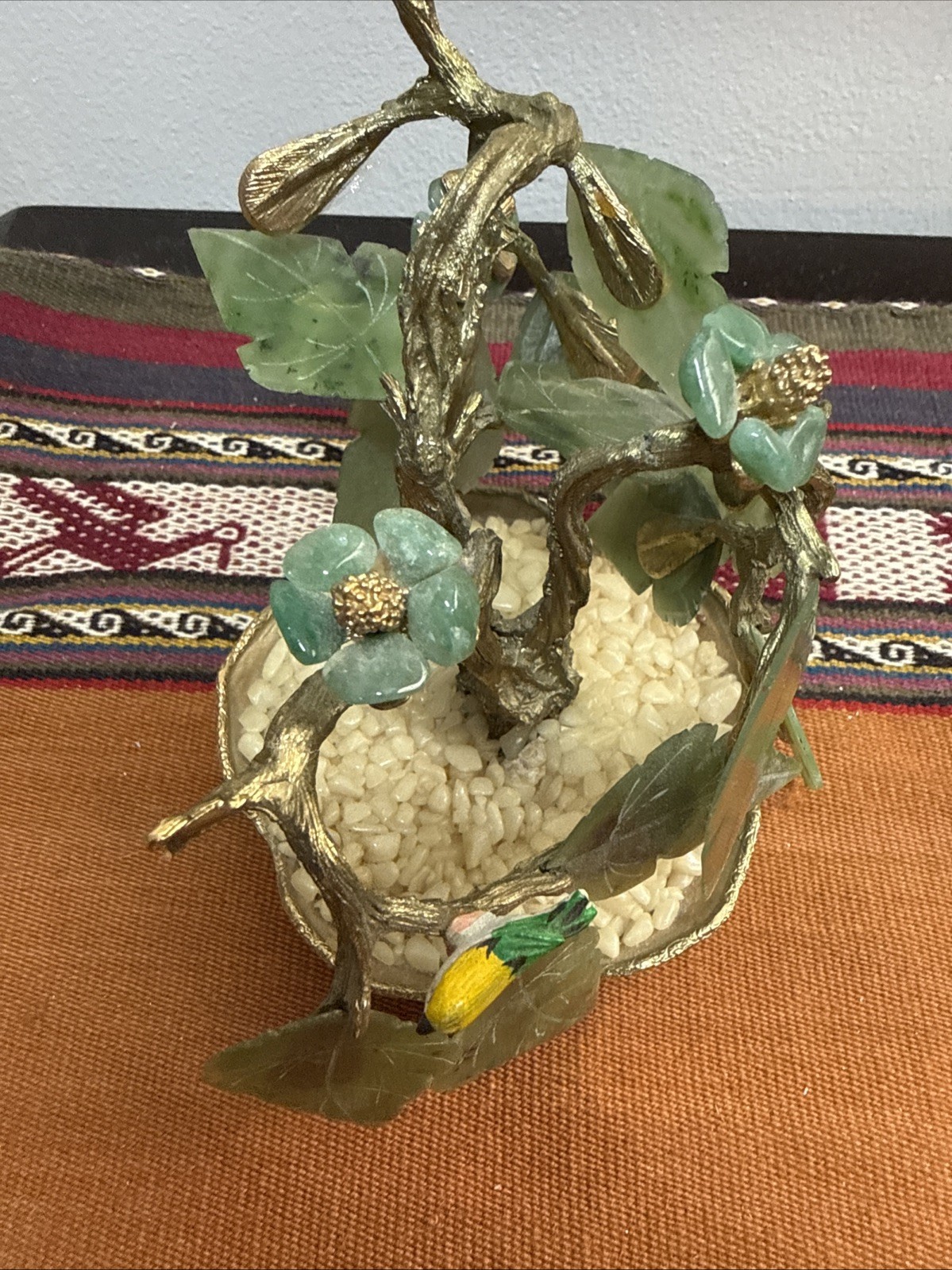 Vintage Glass Bonsai Jade Tree Intricate Multi Colored Flowers in Jade Base