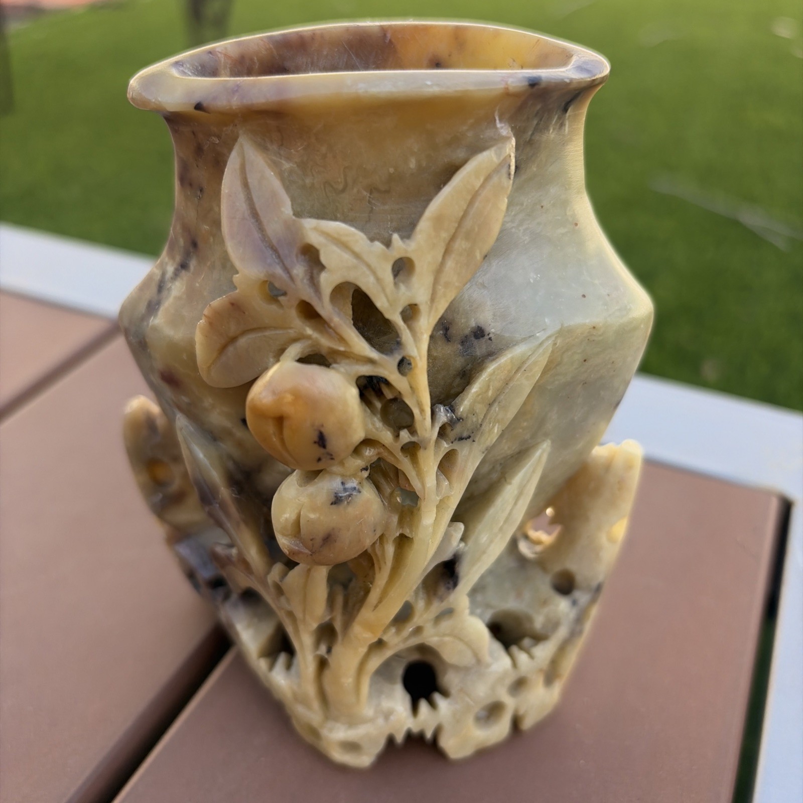 Vintage Chinese Soap Stone Carved Flowers in Sculptured Vase 4 1/2 Inches