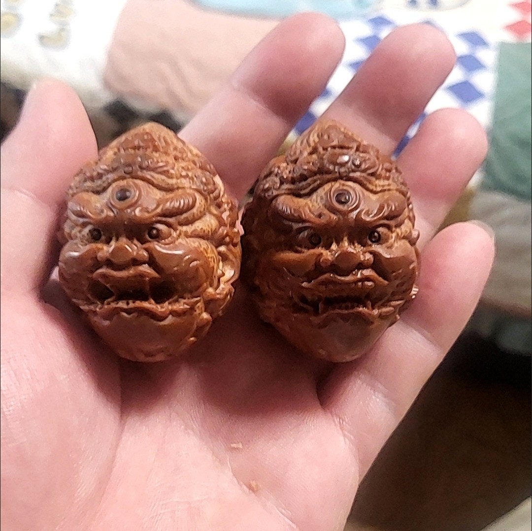 Vintage Brazilian Olive Nut Carved Mahakala Hand Balls Pair 3.5cm