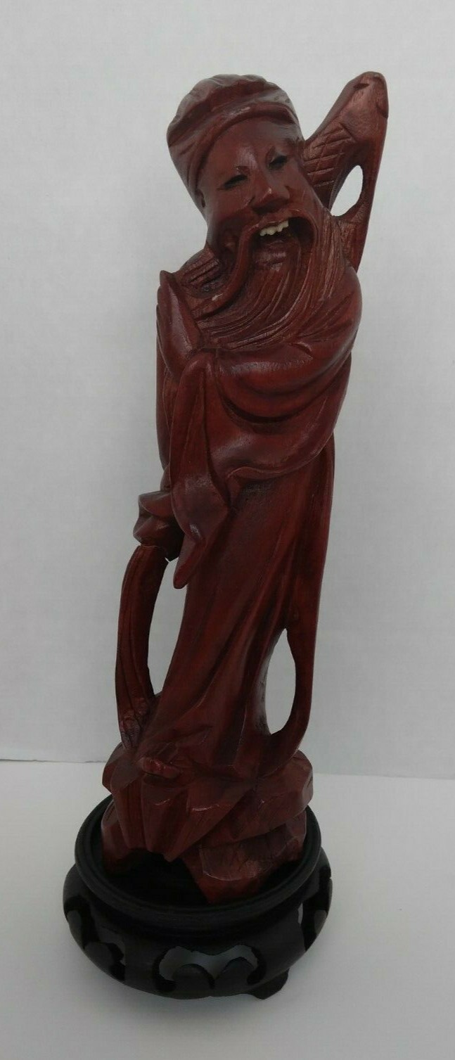Vintage Hand Carved Asian Oriental Red Wood Man Figurine on Wood Stand 