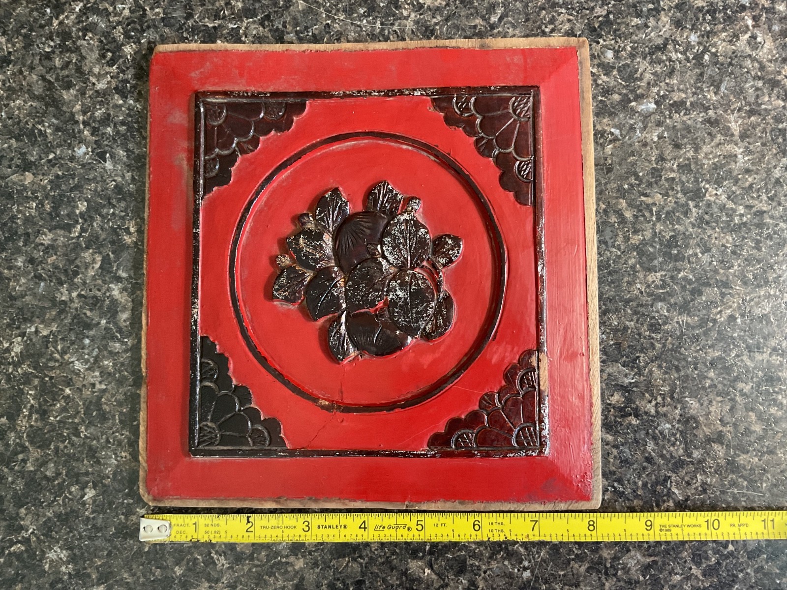 Chinese Decorative Lacquer Panel 8” Square Red & Black